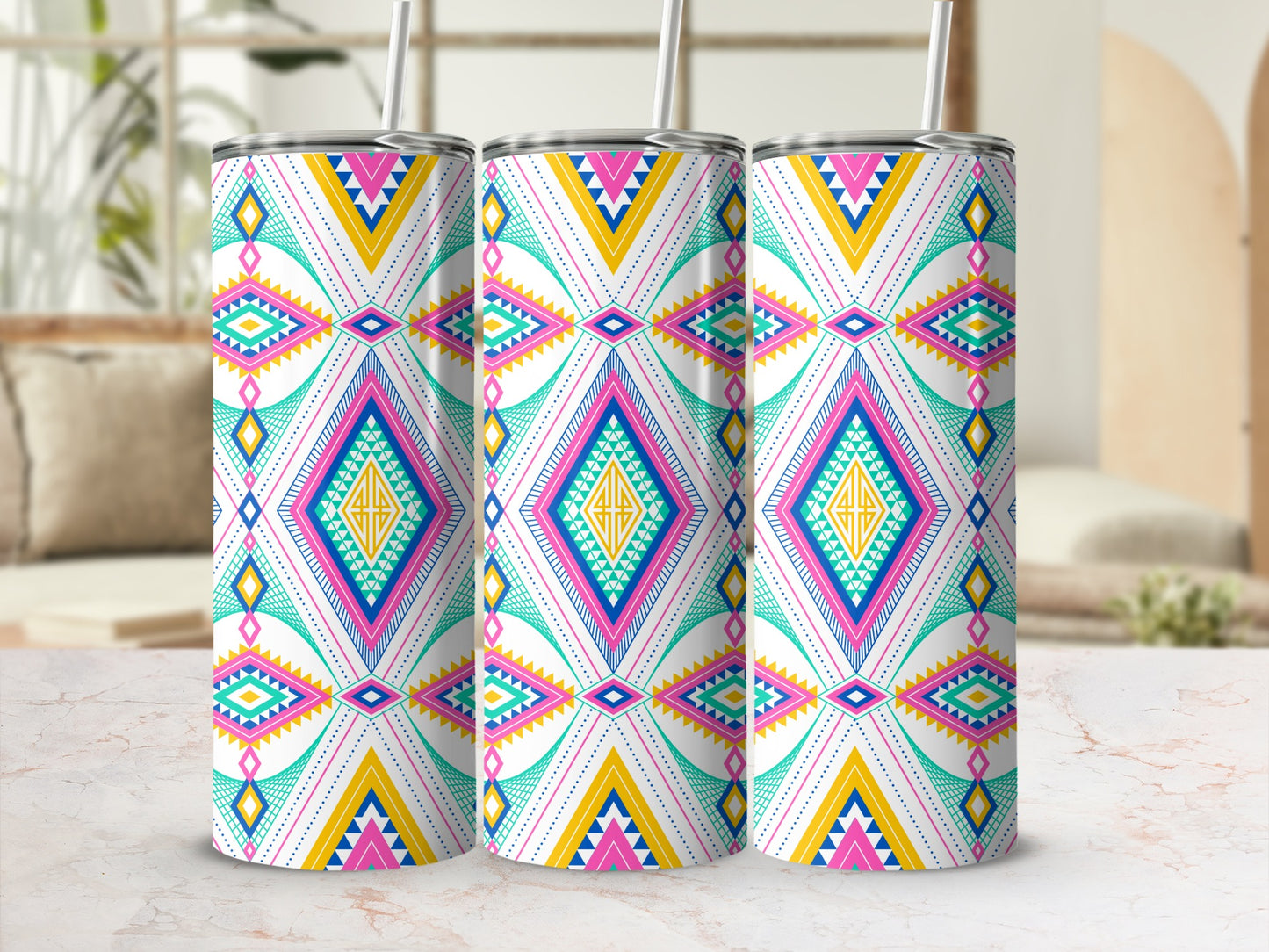 Colorful Geometric Patterned Tumbler with Straw Product