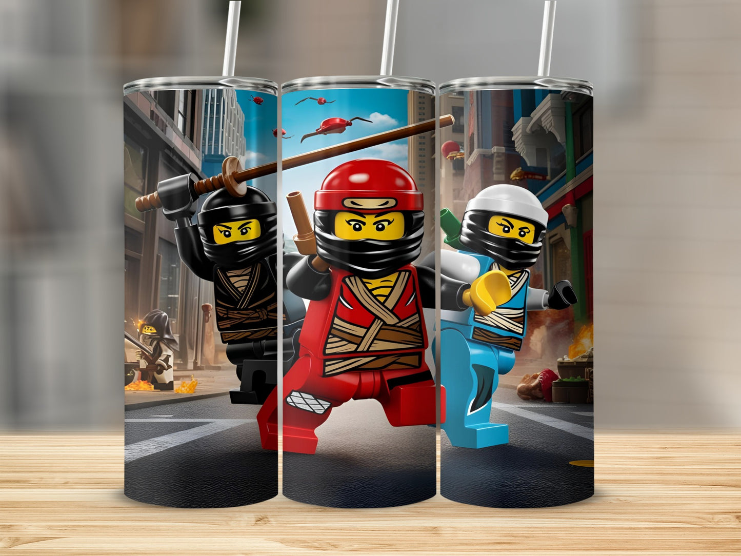 Three Lego Ninjago characters in action poses on a city street background.