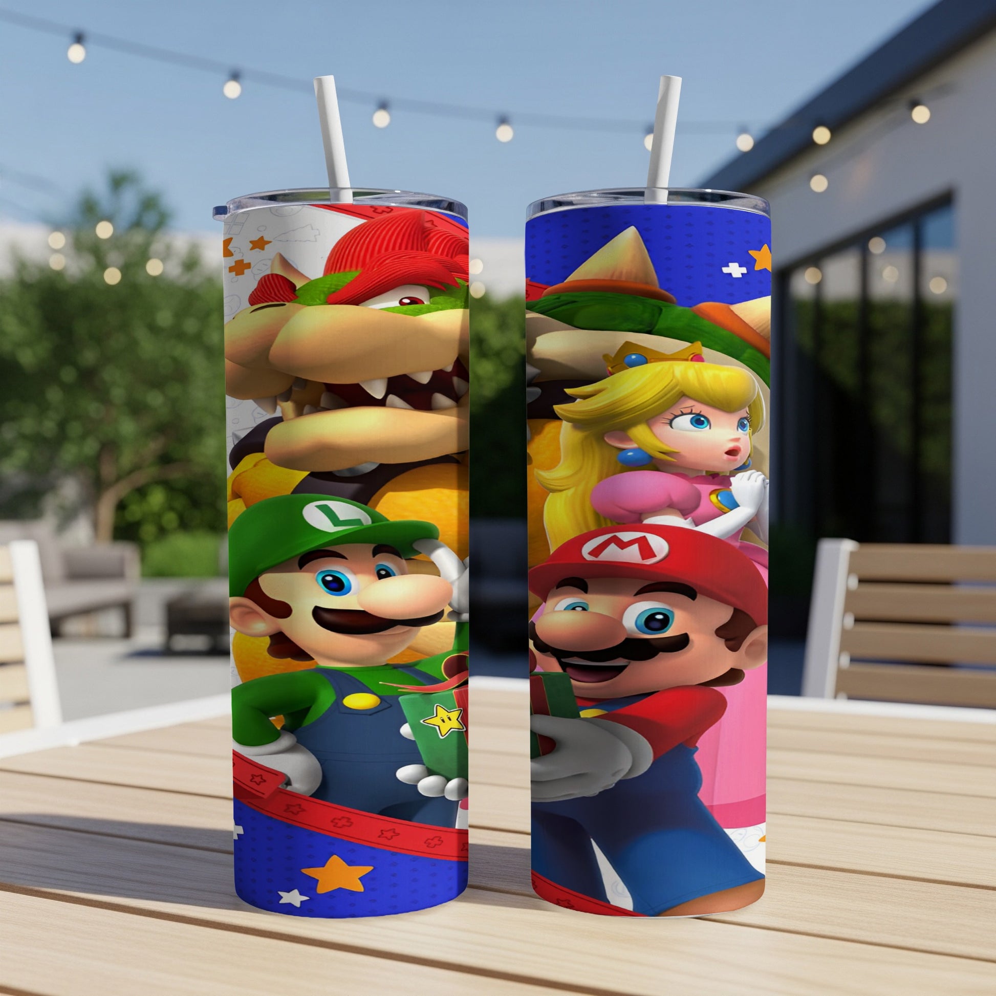Mario, Luigi, Peach, and Bowser characters on a blue and pink tumbler.