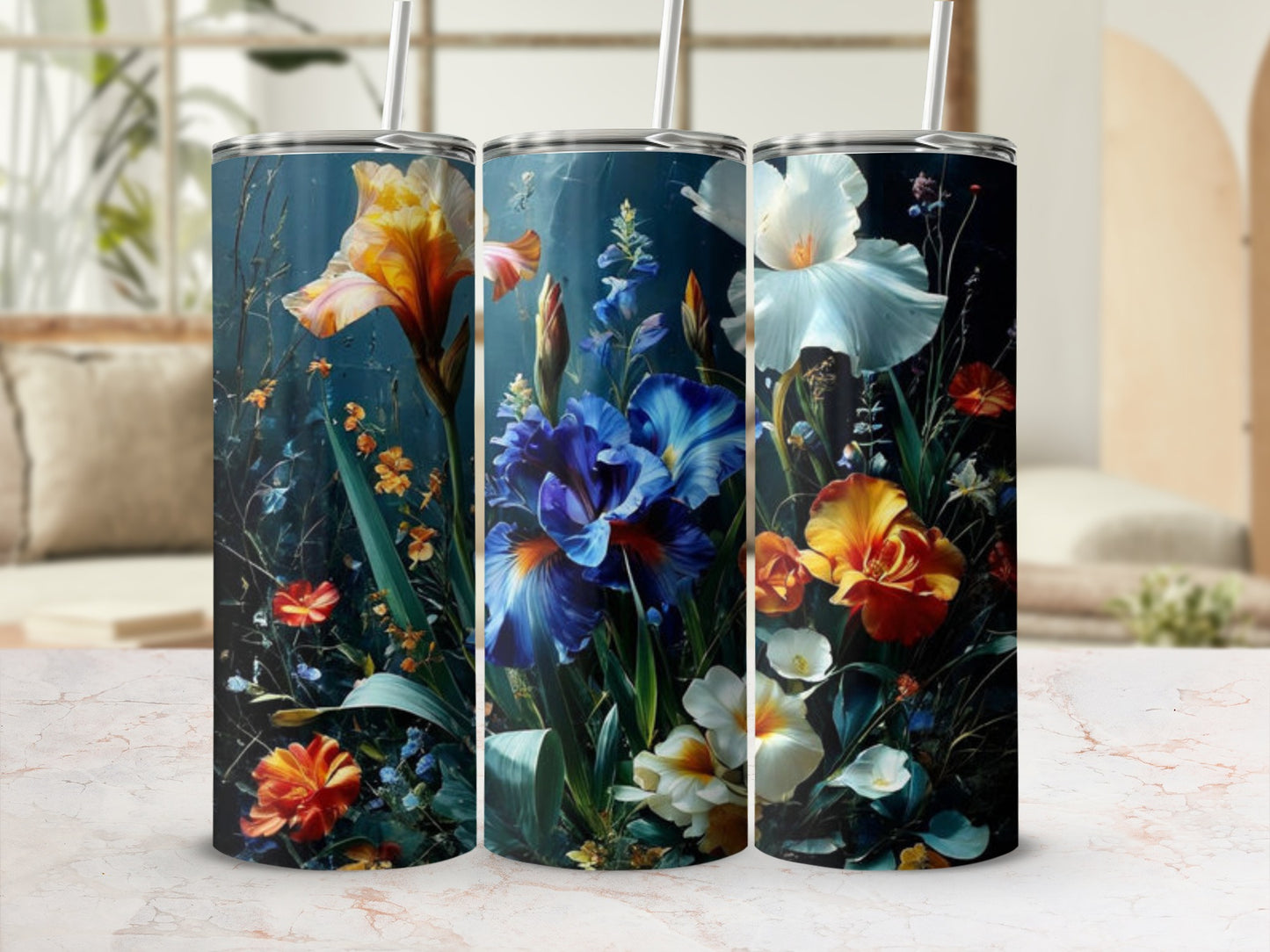 Tall tumbler with vibrant floral design in deep blues and oranges.