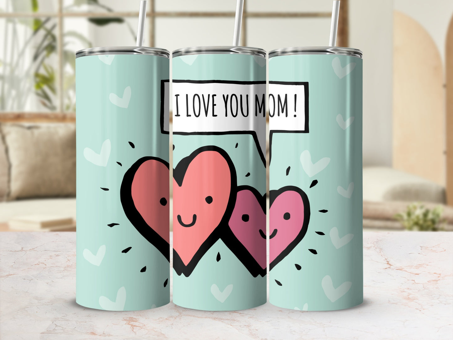 I Love You Mom Pink and Red Heart Tumblers Set