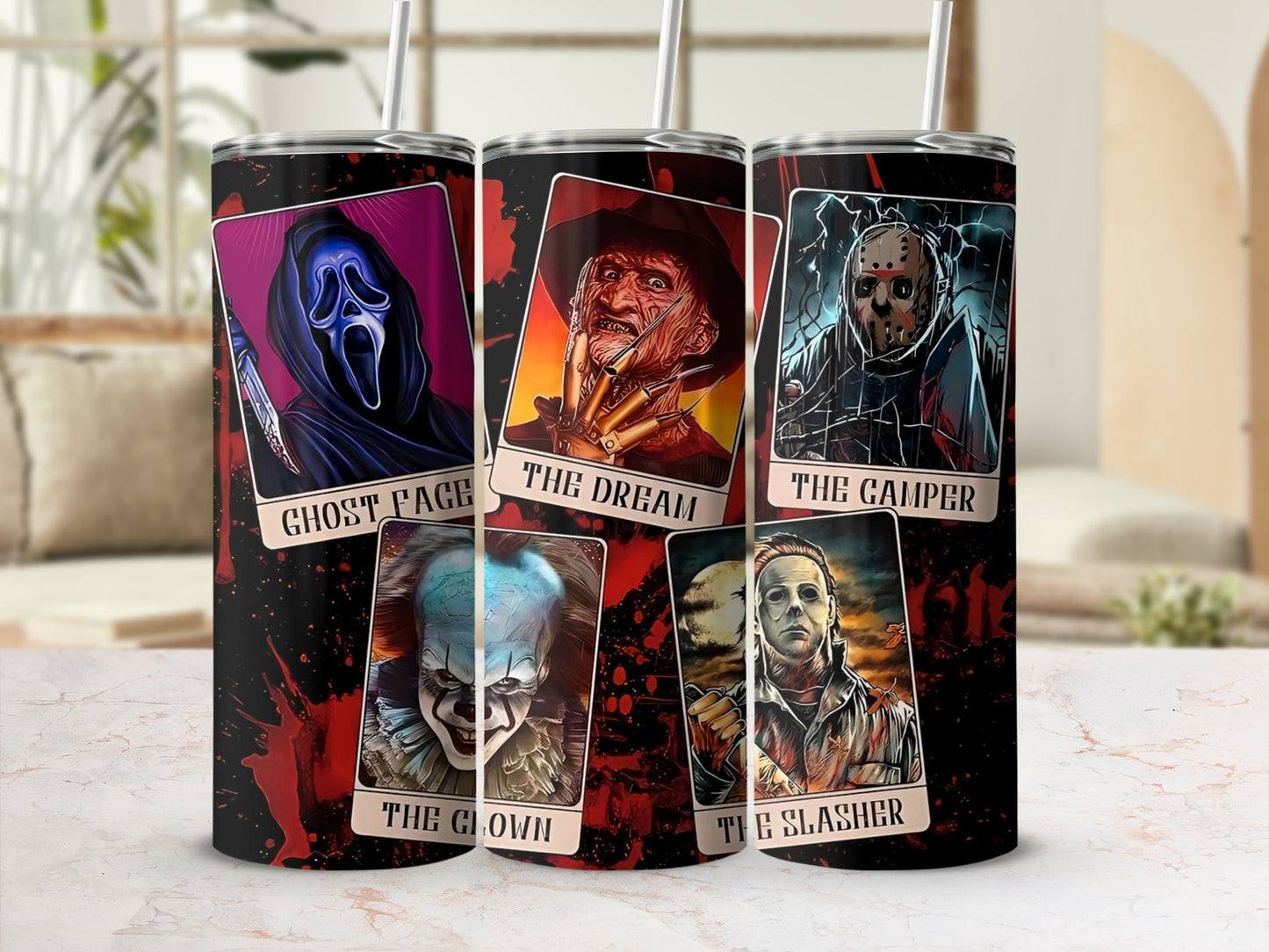 Three tumblers featuring horror movie characters: Ghost Face, Freddy Krueger, Pennywise, and Jason Voorhees.