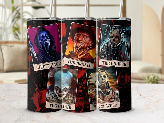 Three tumblers featuring horror movie characters: Ghost Face, Freddy Krueger, Pennywise, and Jason Voorhees.