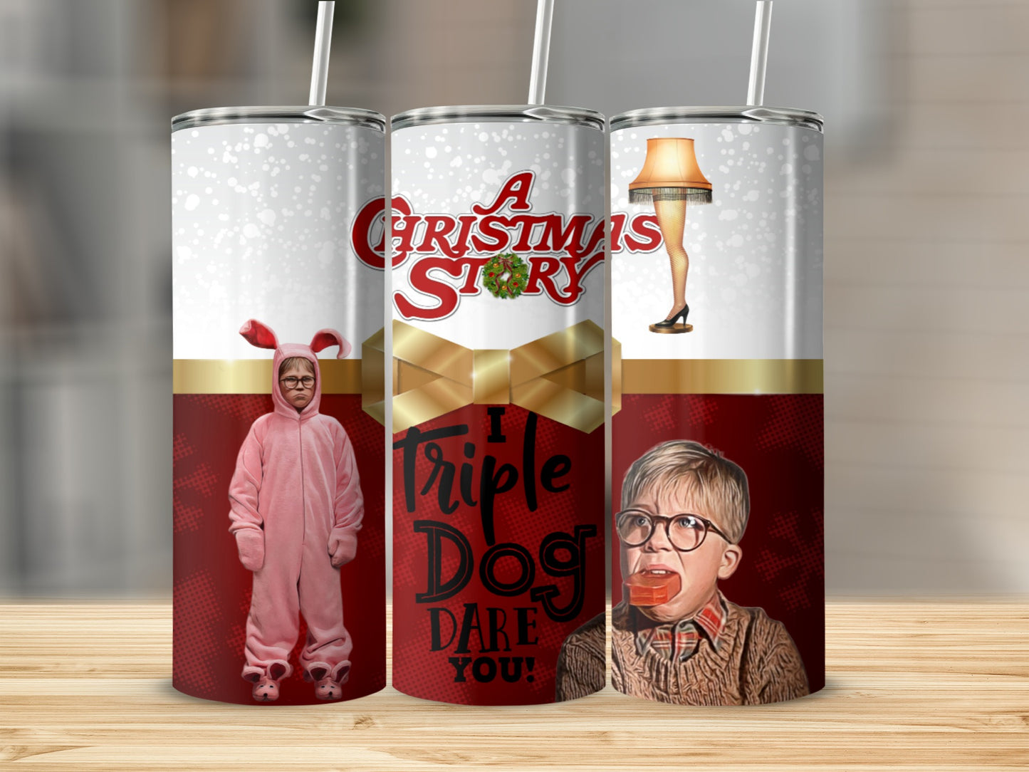 A Christmas Story tumbler with Ralphie in a bunny suit and leg lamp.