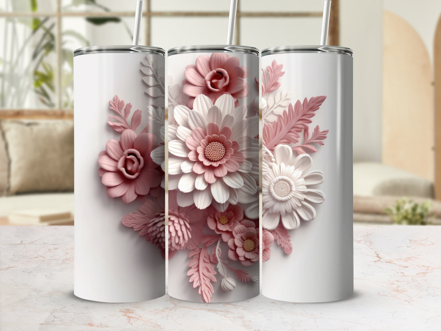 Three white tumblers with a pink floral embossed design.