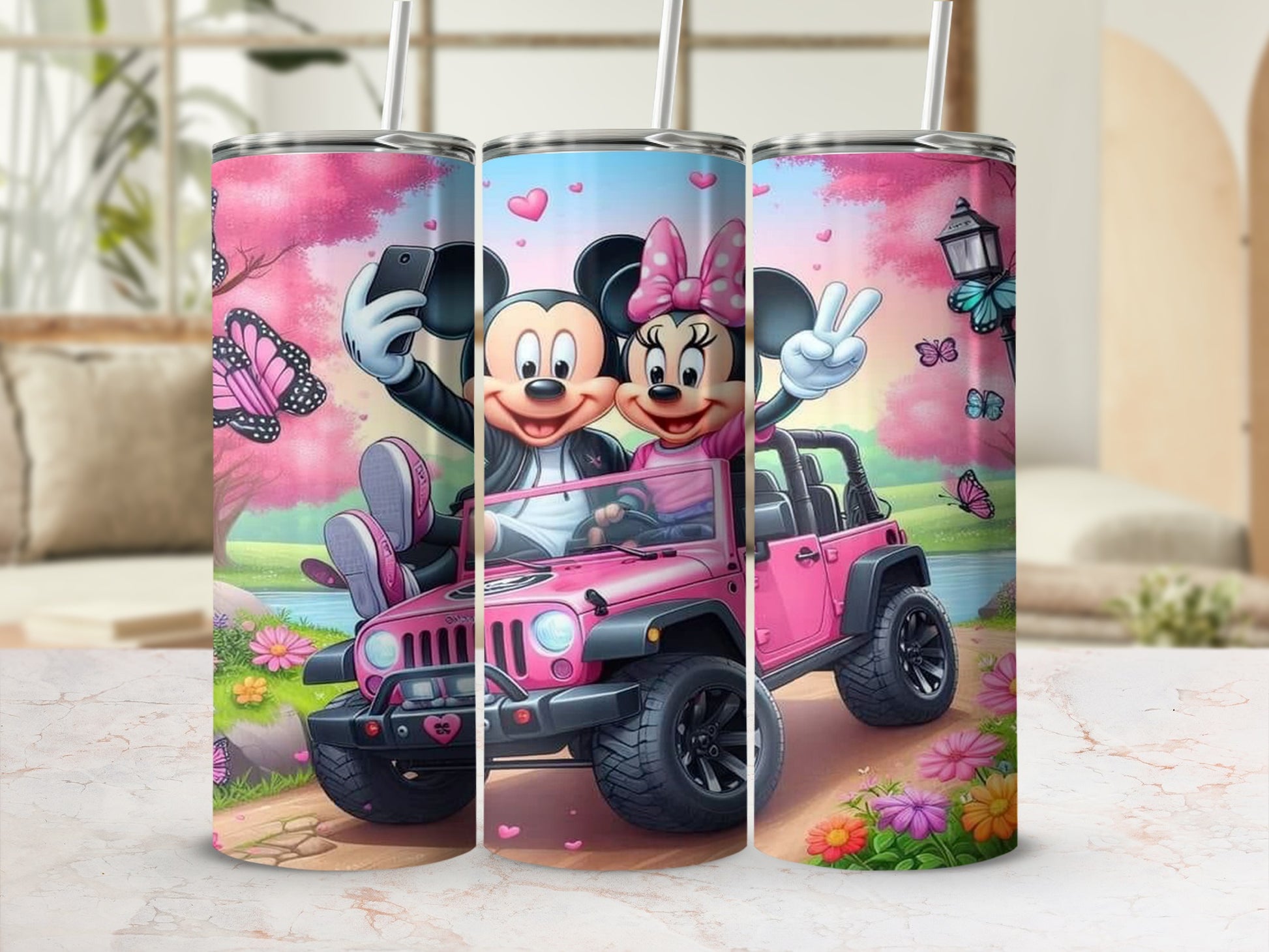Cute Cartoon Couple Driving Pink Jeep Travel Tumbler