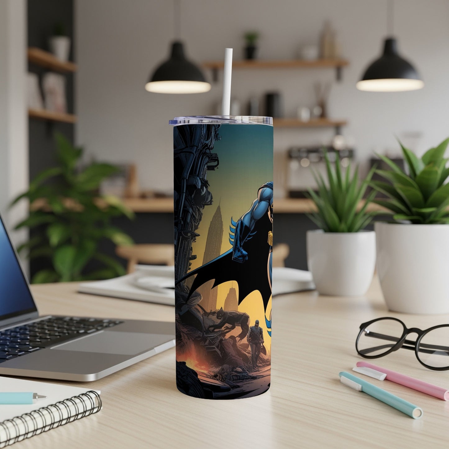 Batman in action on a tumbler with a cityscape background.