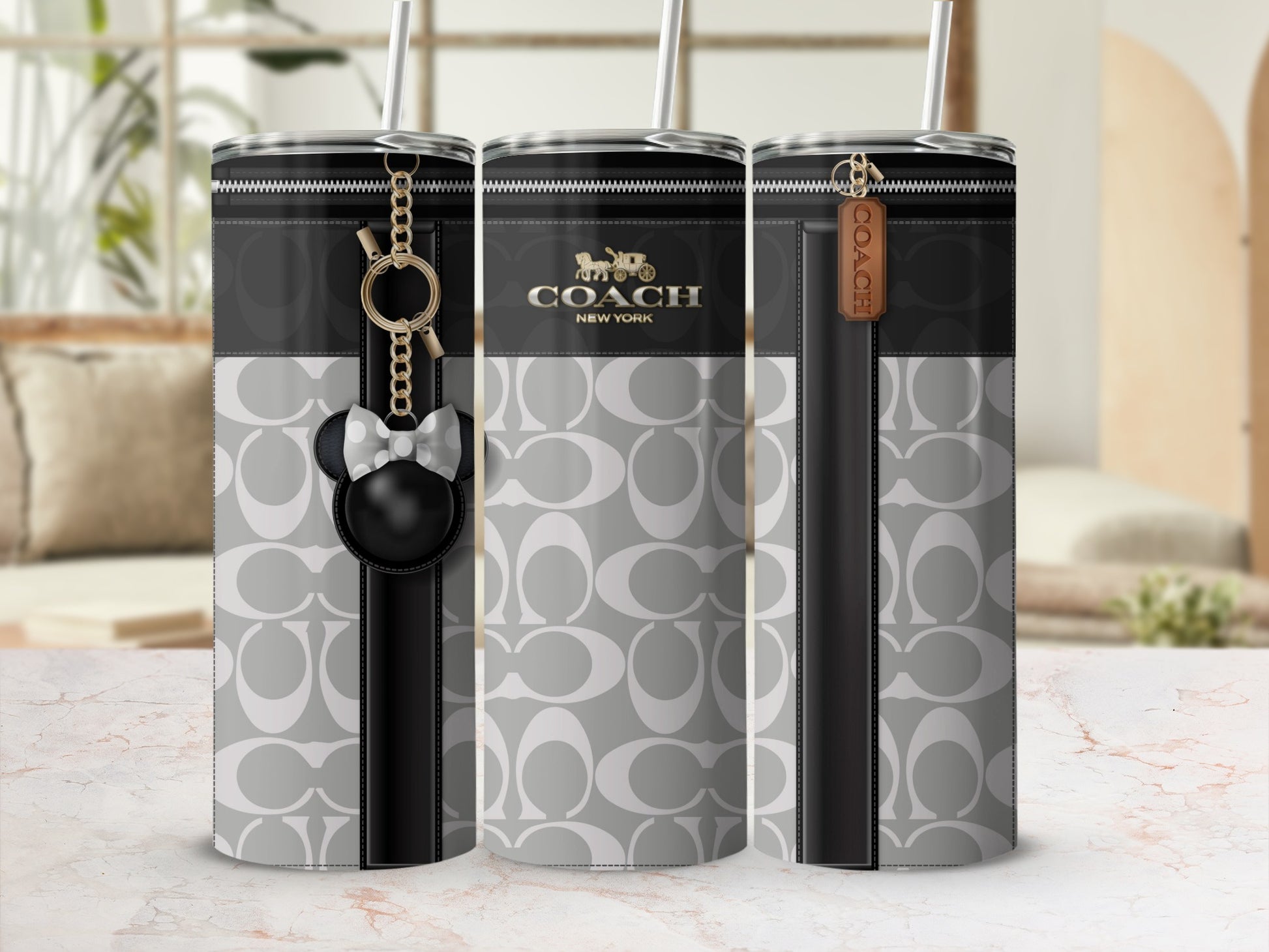 Stylish Black and Gray Pattern Tall Tumbler with Straw