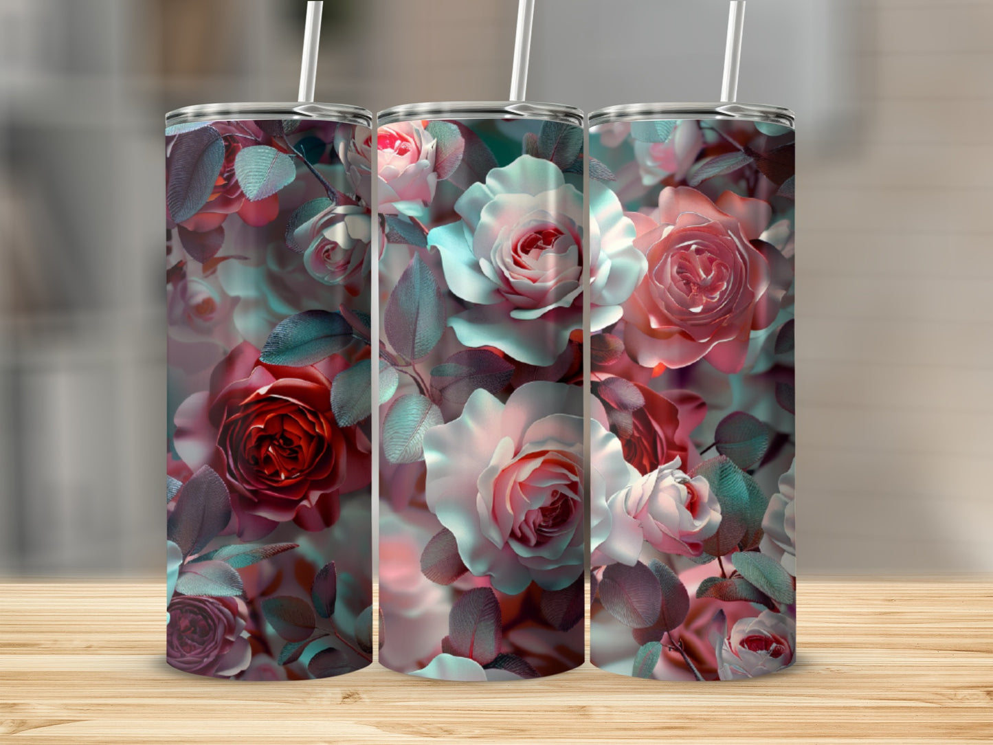 Three tumblers with a floral rose design in shades of pink and red.