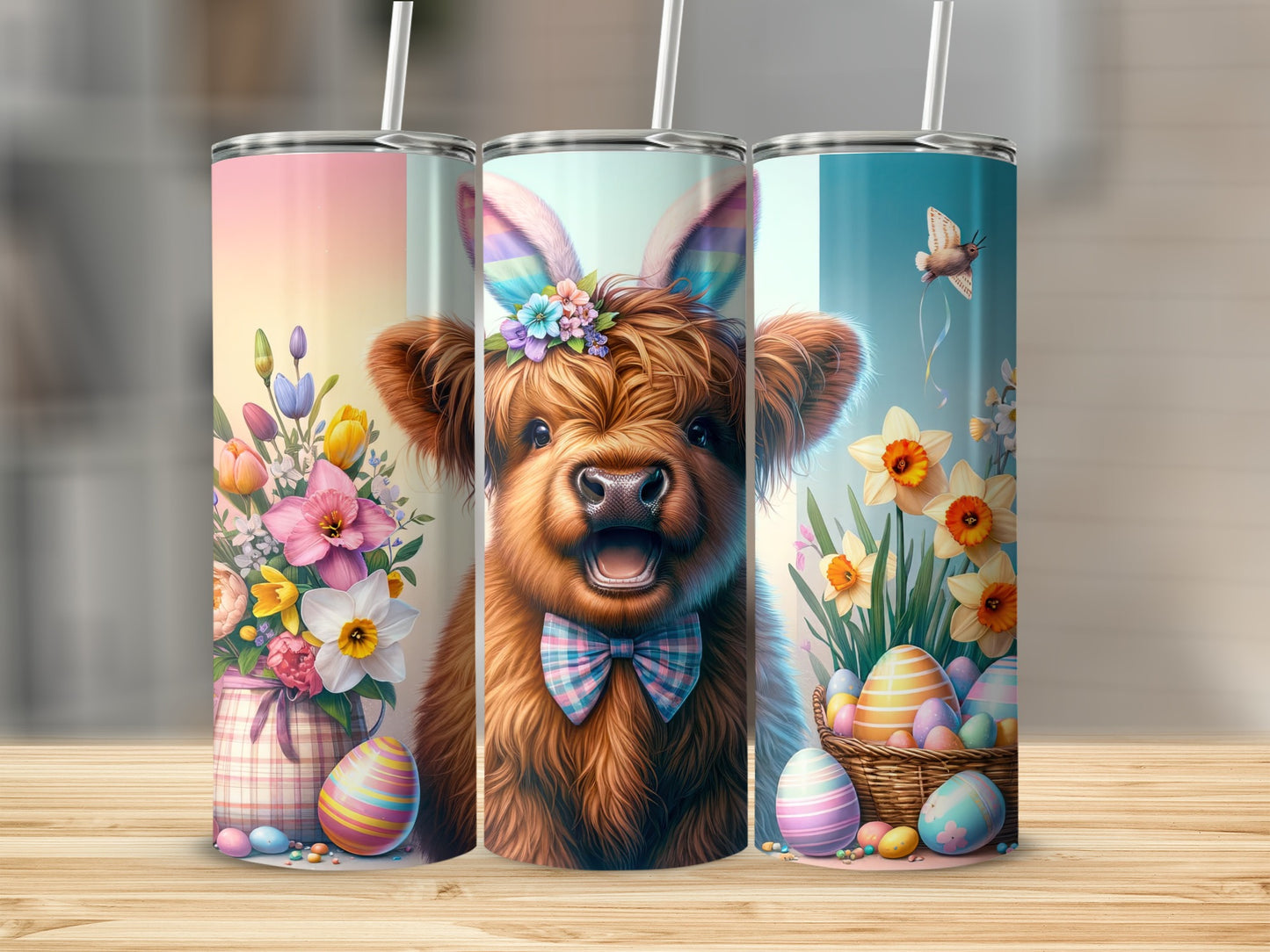 Highland cow with Easter ears and bow tie on a tumbler.