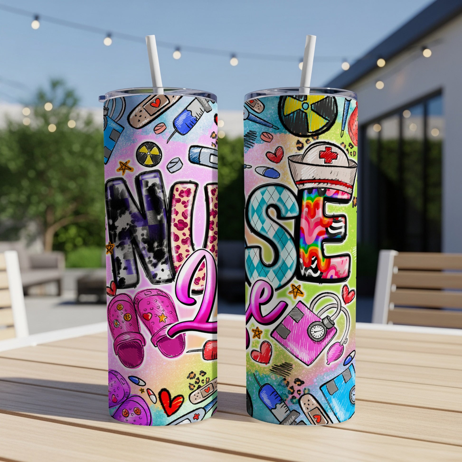 Two nurse-themed tumblers with colorful medical icons and "NURSE LIFE" text.