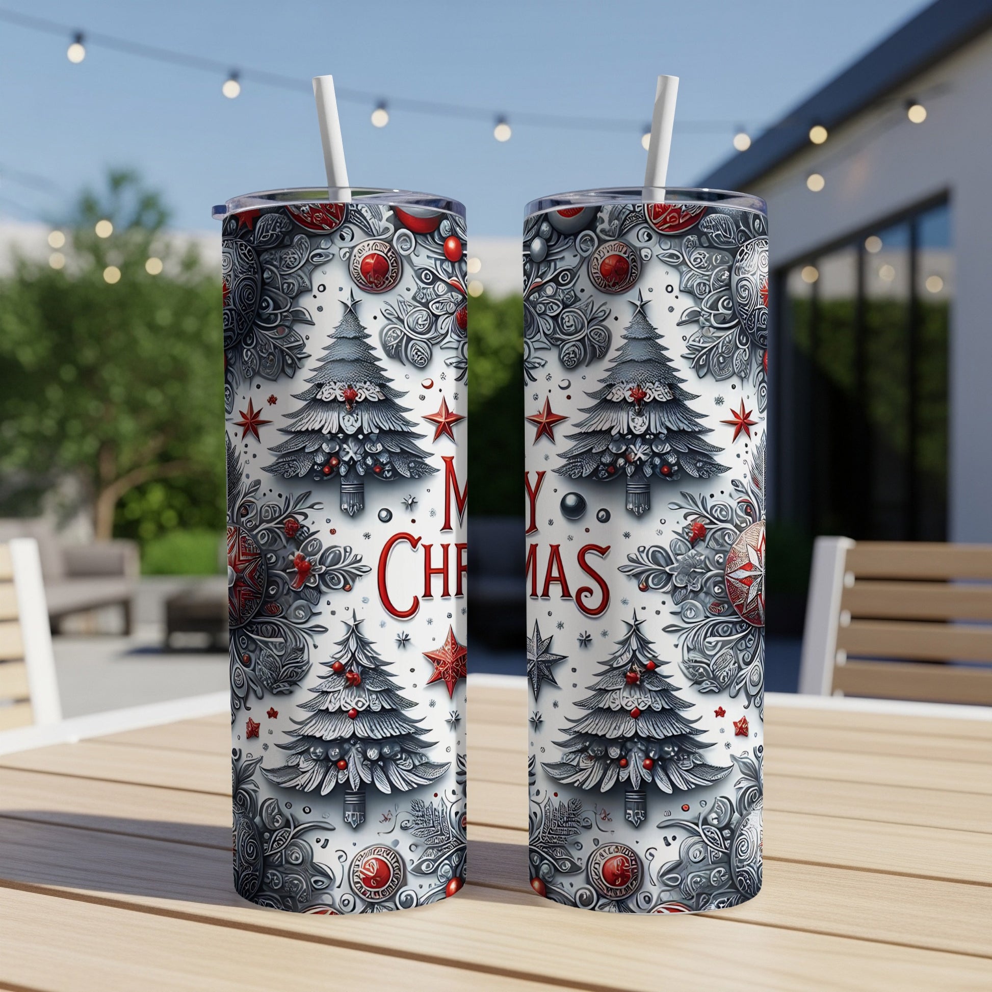 Two tumblers with a white and red Christmas tree pattern and "Merry Christmas" text.