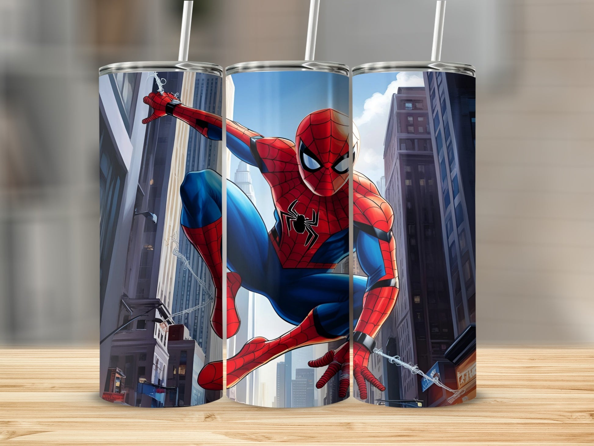 Spider-Man leaping forward with city buildings in the background.