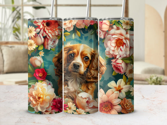 Brown puppy surrounded by colorful flowers on a tumbler.