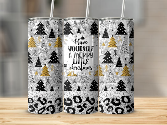 Christmas tumbler with trees and leopard print, "Have yourself a merry little Christmas."