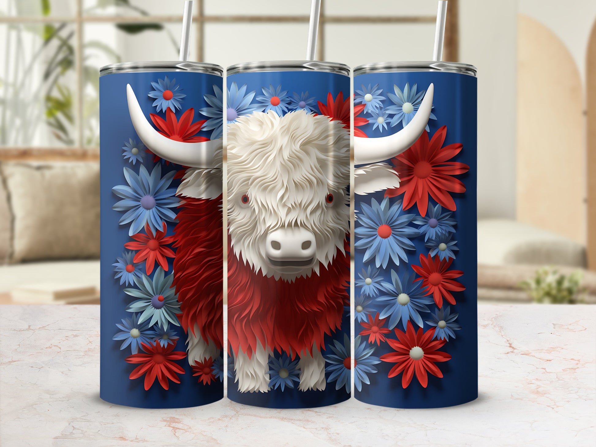 Highland cow with red and blue floral pattern on a blue background tumbler.
