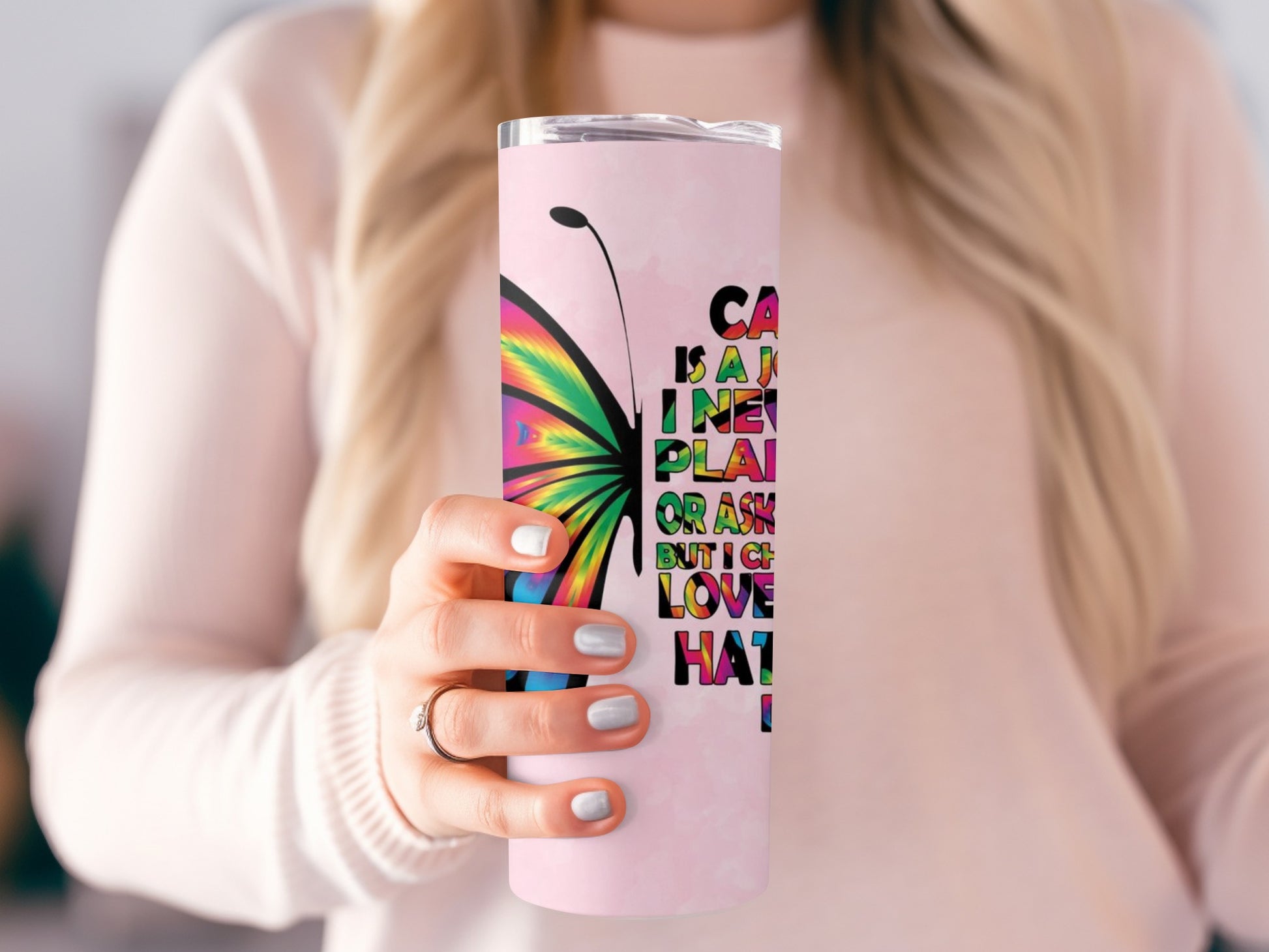Colorful Butterfly Insulated Travel Mug with Quote