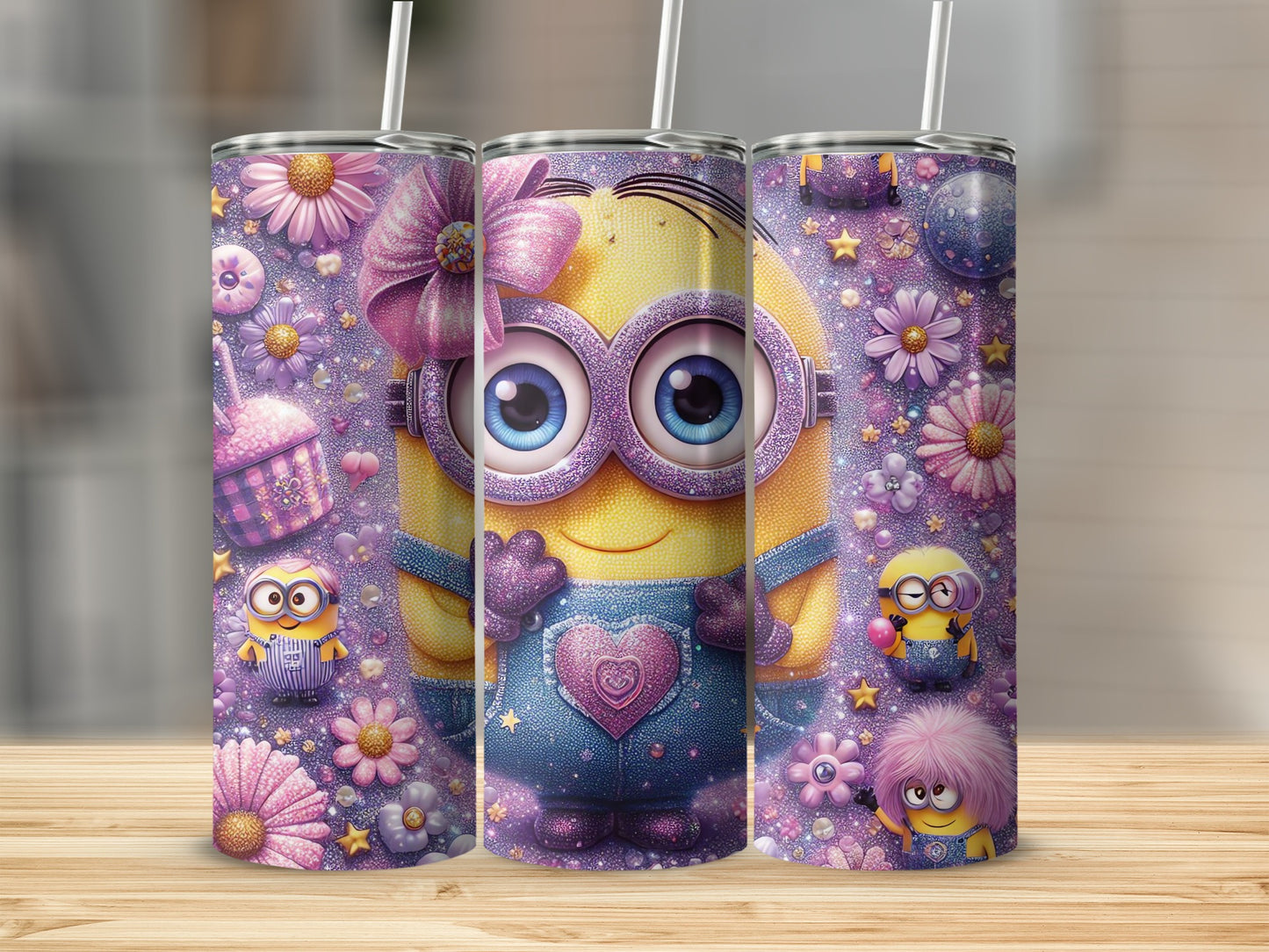 Cute Cartoon Characters on Purple Themed Tumblers