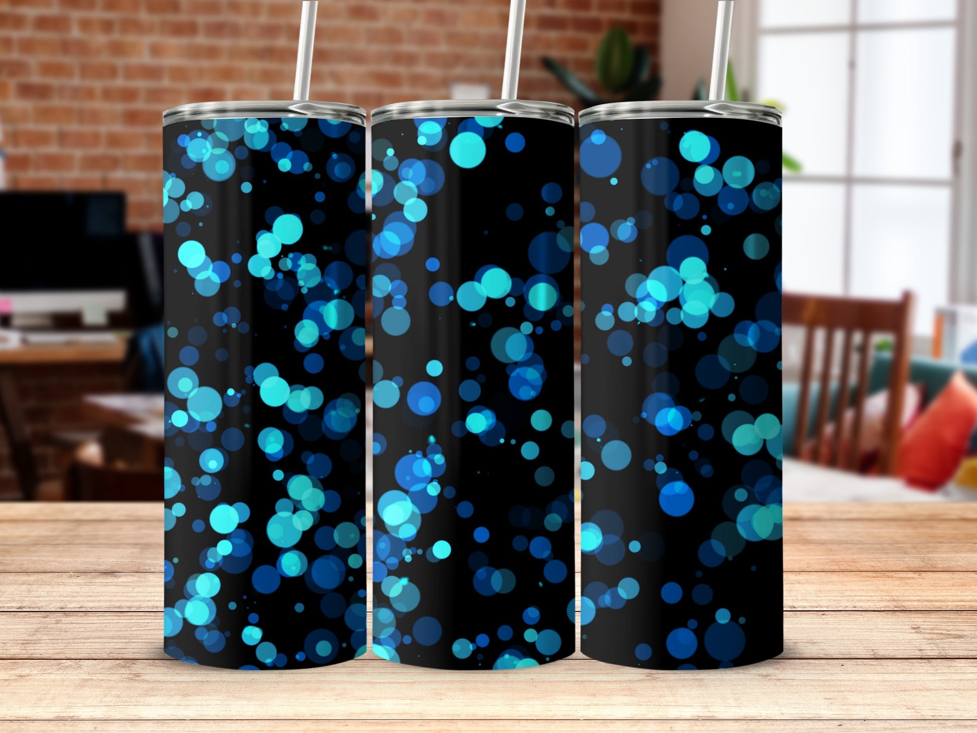 Blue and Black Bokeh Pattern Stainless Steel Tumbler