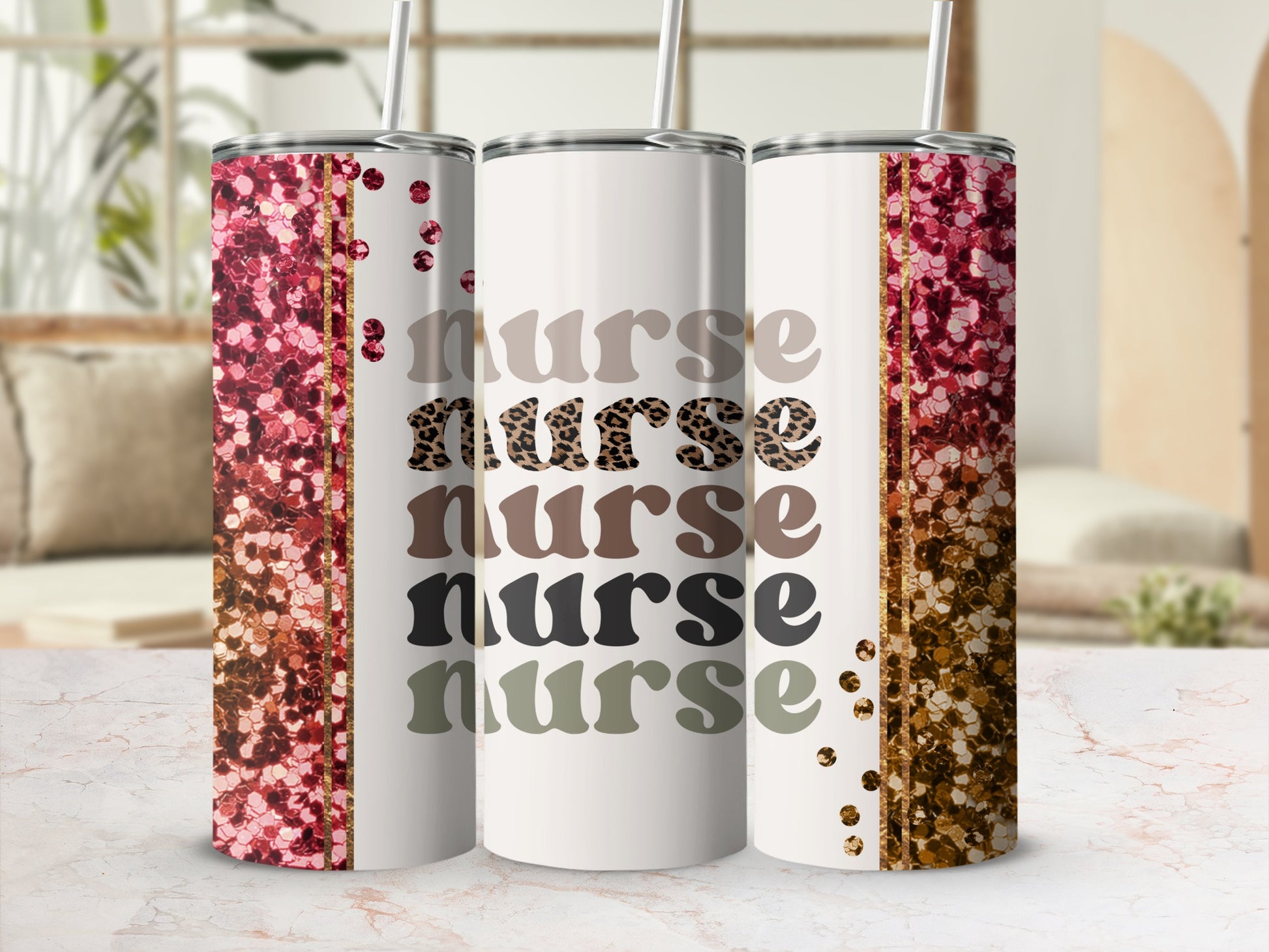 Three tumblers with "nurse" text and glitter designs on a marble surface.