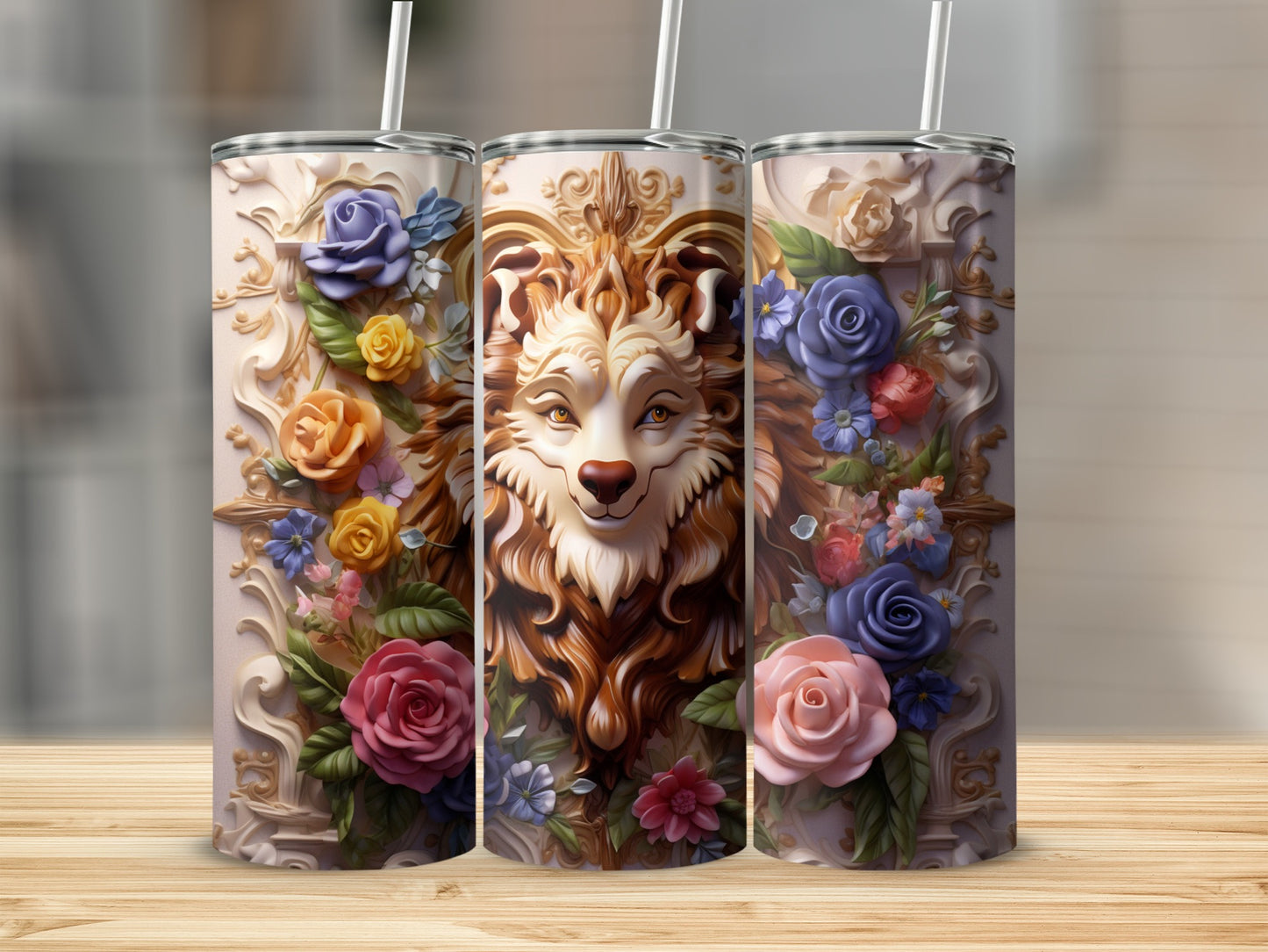 Intricate Lion and Floral Design Tumbler Cup