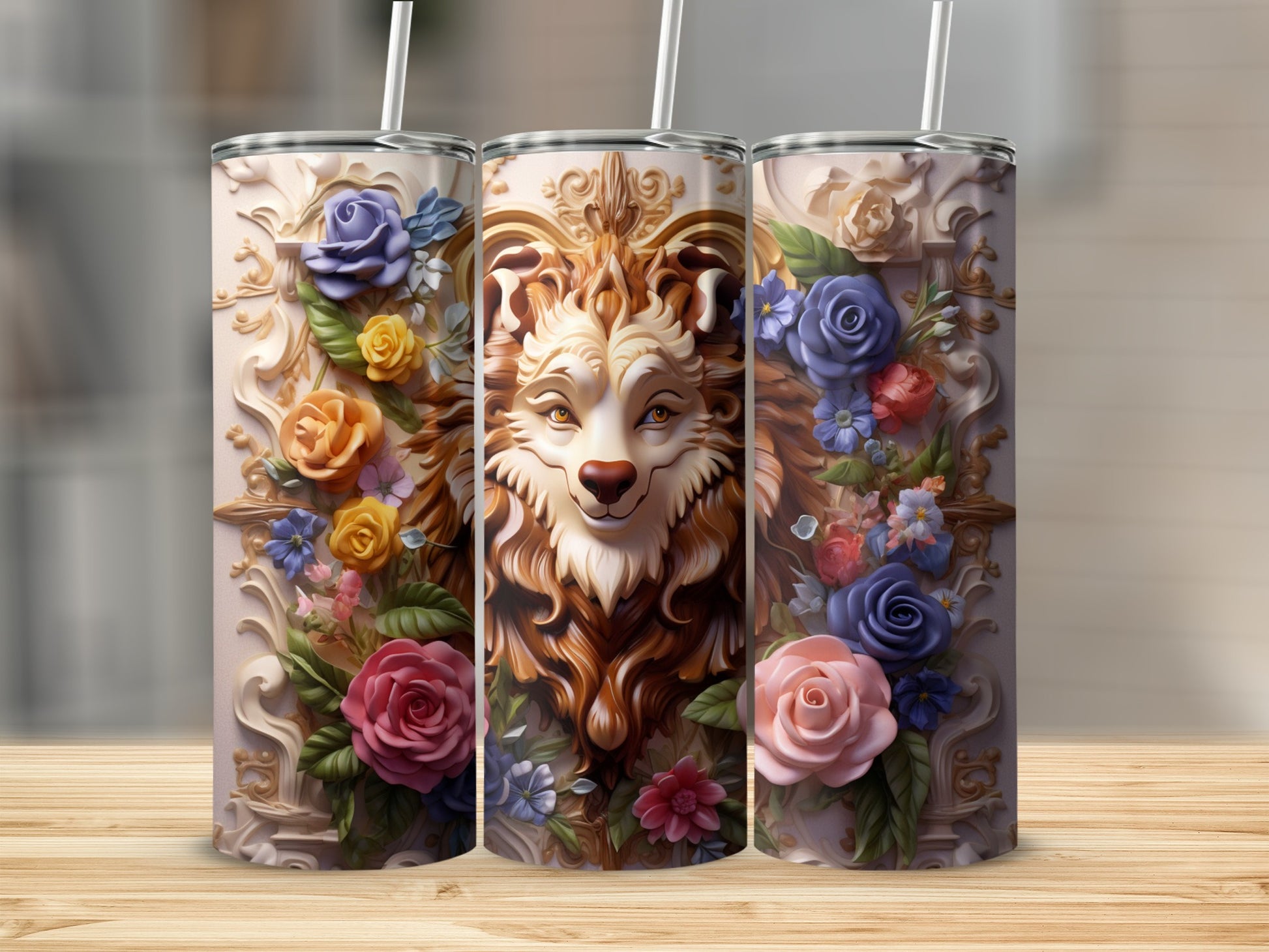 Intricate Lion and Floral Design Tumbler Cup