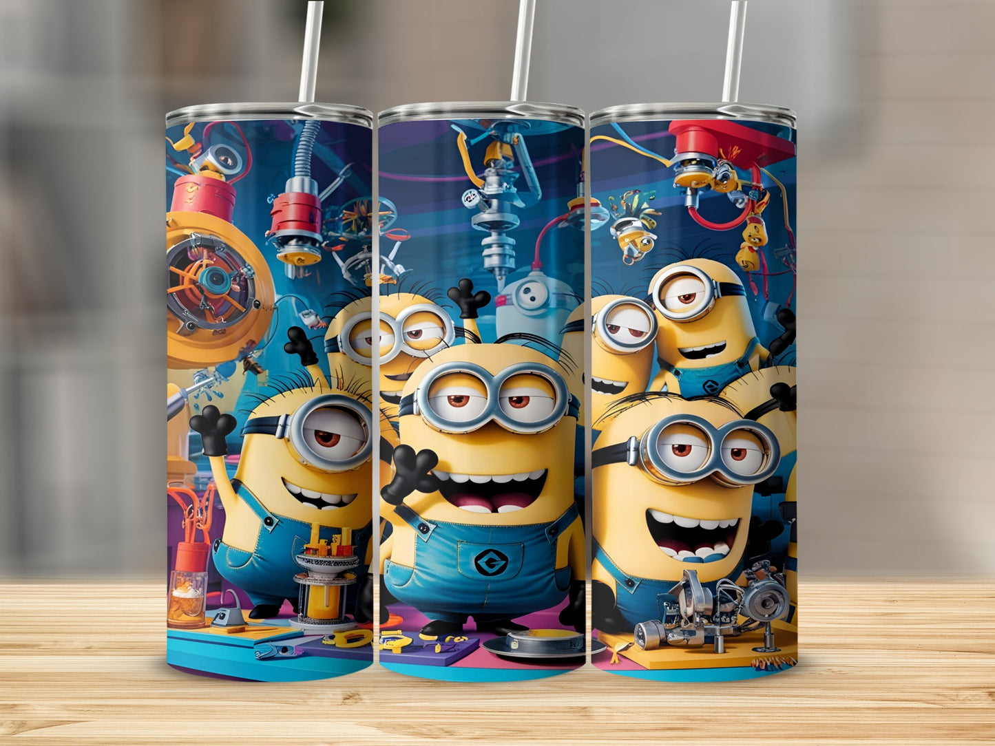 Three Minions characters in a factory setting with tools.