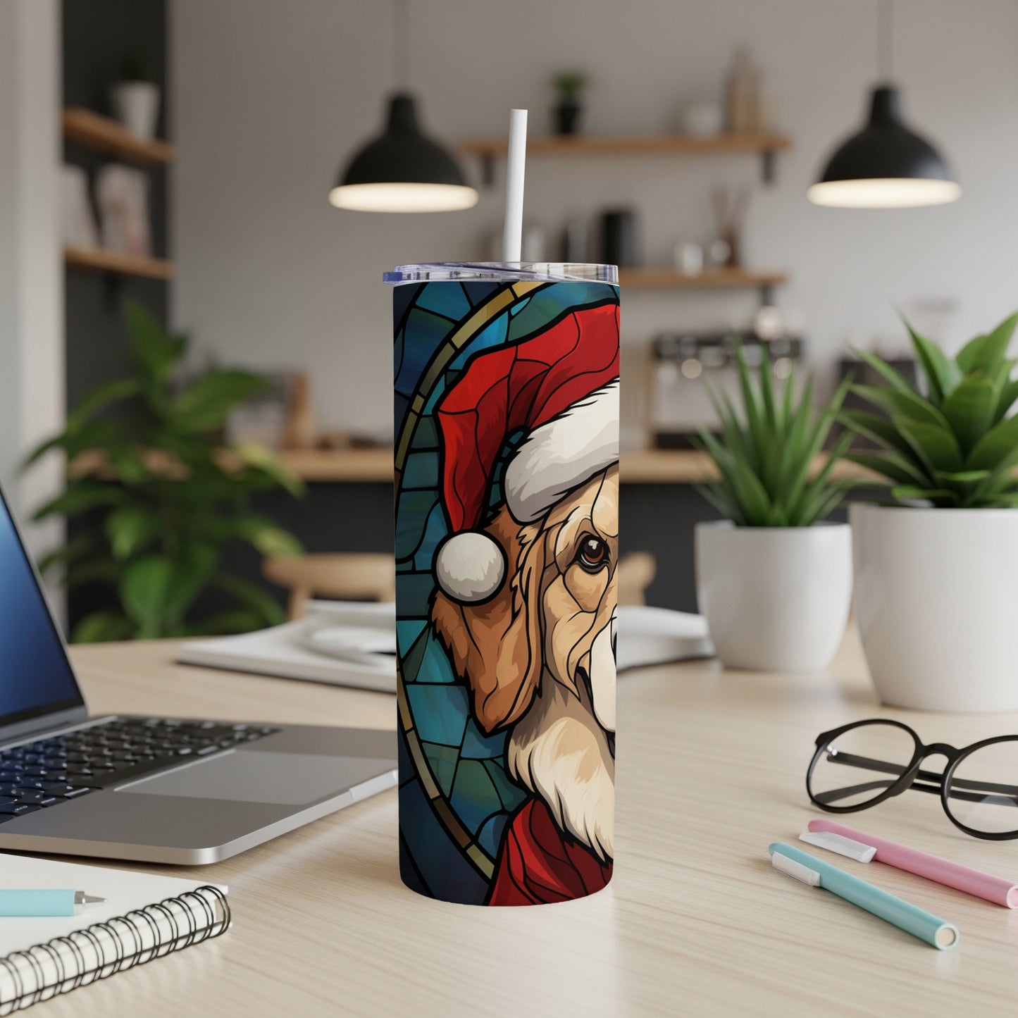 Golden retriever wearing a Santa hat on a stained-glass-style tumbler.