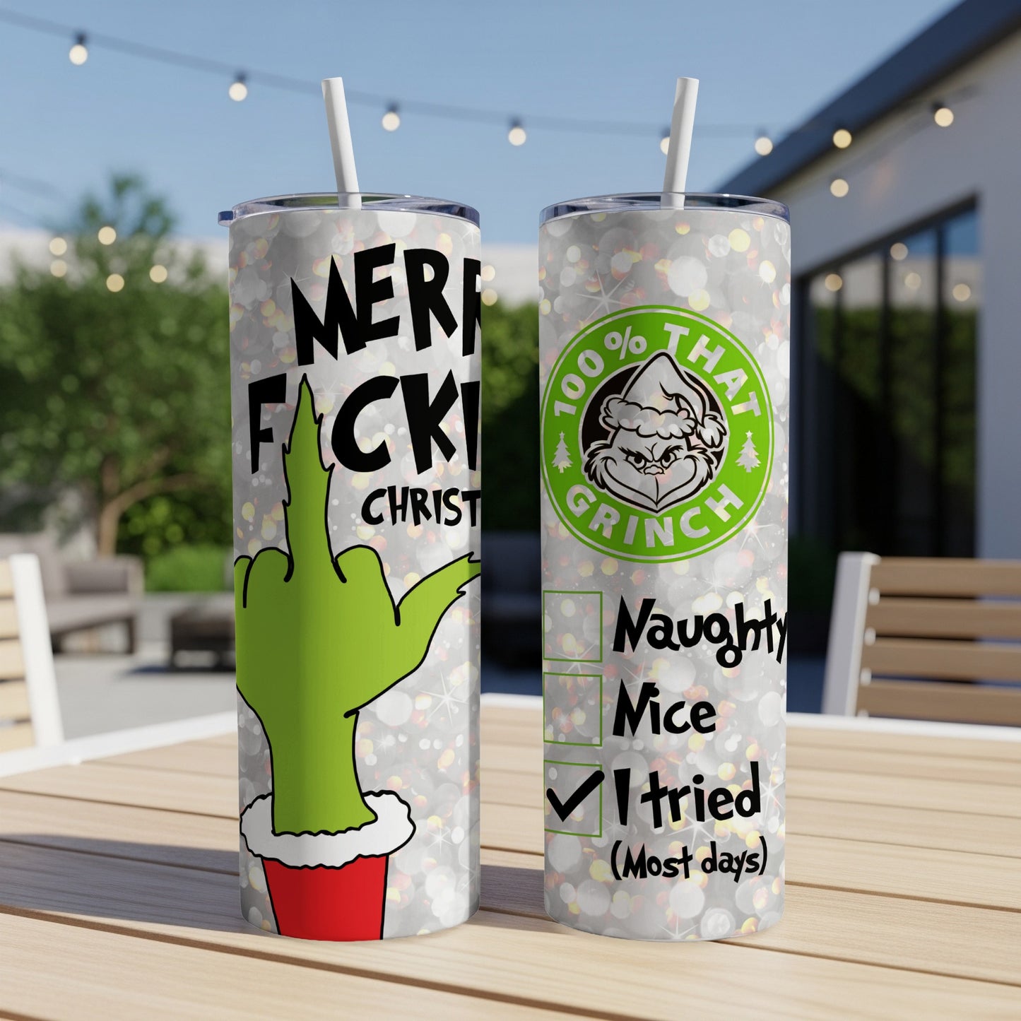 Grinch themed tumbler with "Merry F*ck Christmas" and a naughty/nice list.
