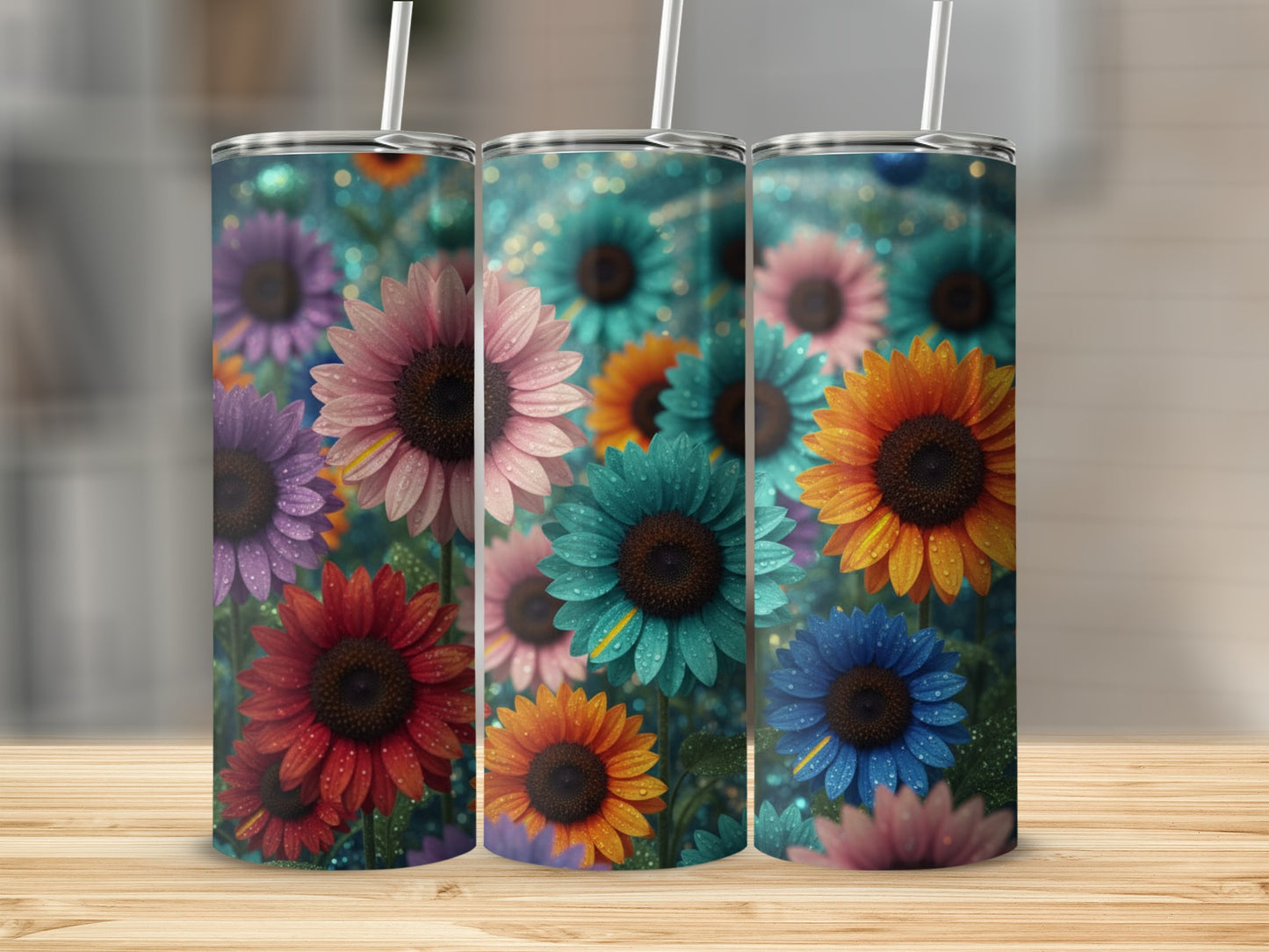 Colorful Sunflower Print Tumbler with Straw