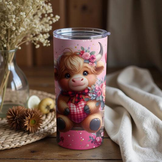 Cute Baby Cow Birthday Flowers and Heart Tumbler