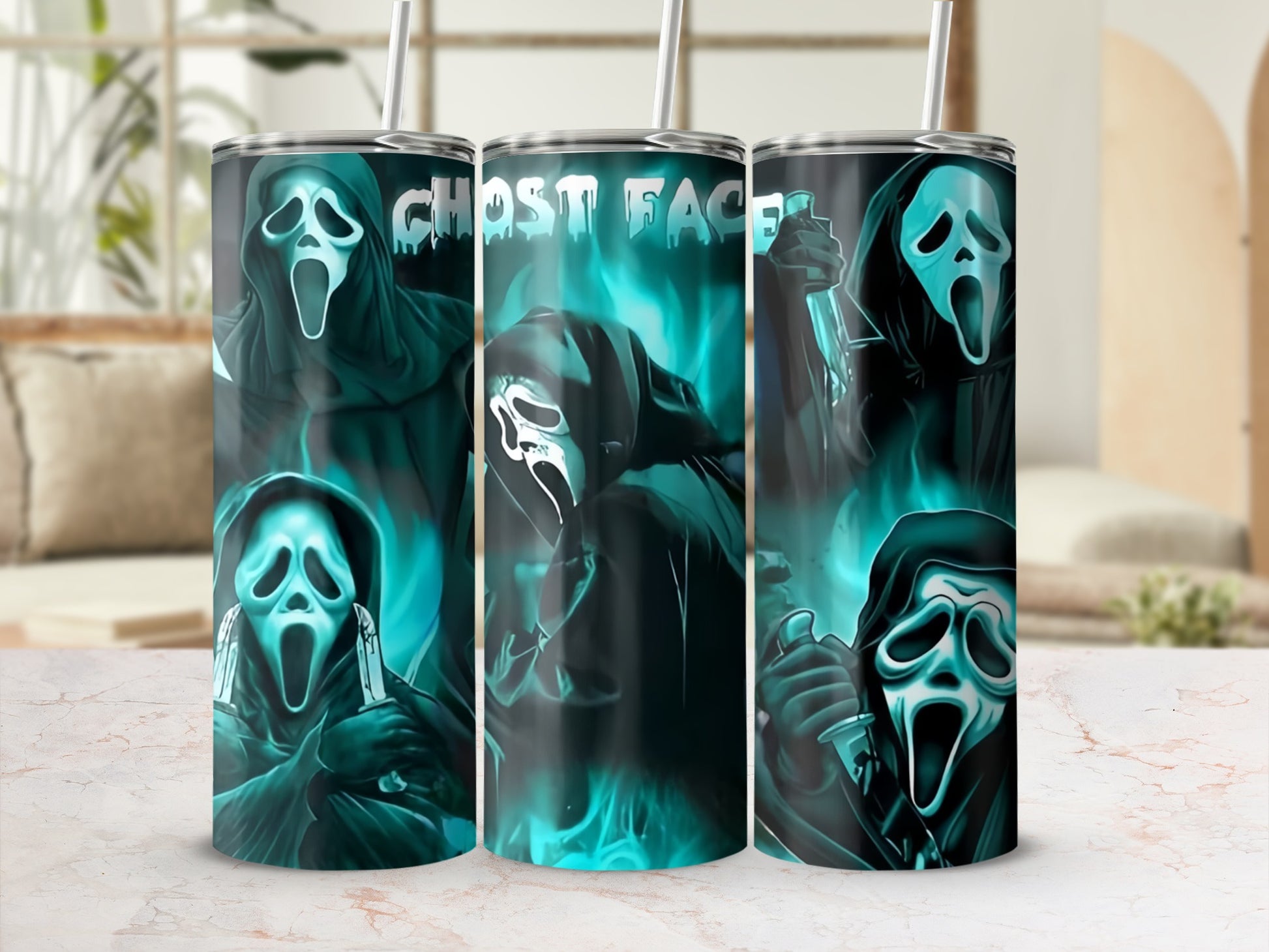 Ghost Face mask and knife design on a tumbler, with glowing teal accents.