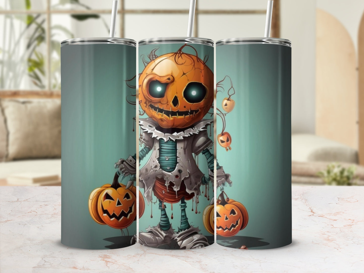 Three tumblers featuring a cartoon scarecrow holding pumpkins, with Halloween theme.