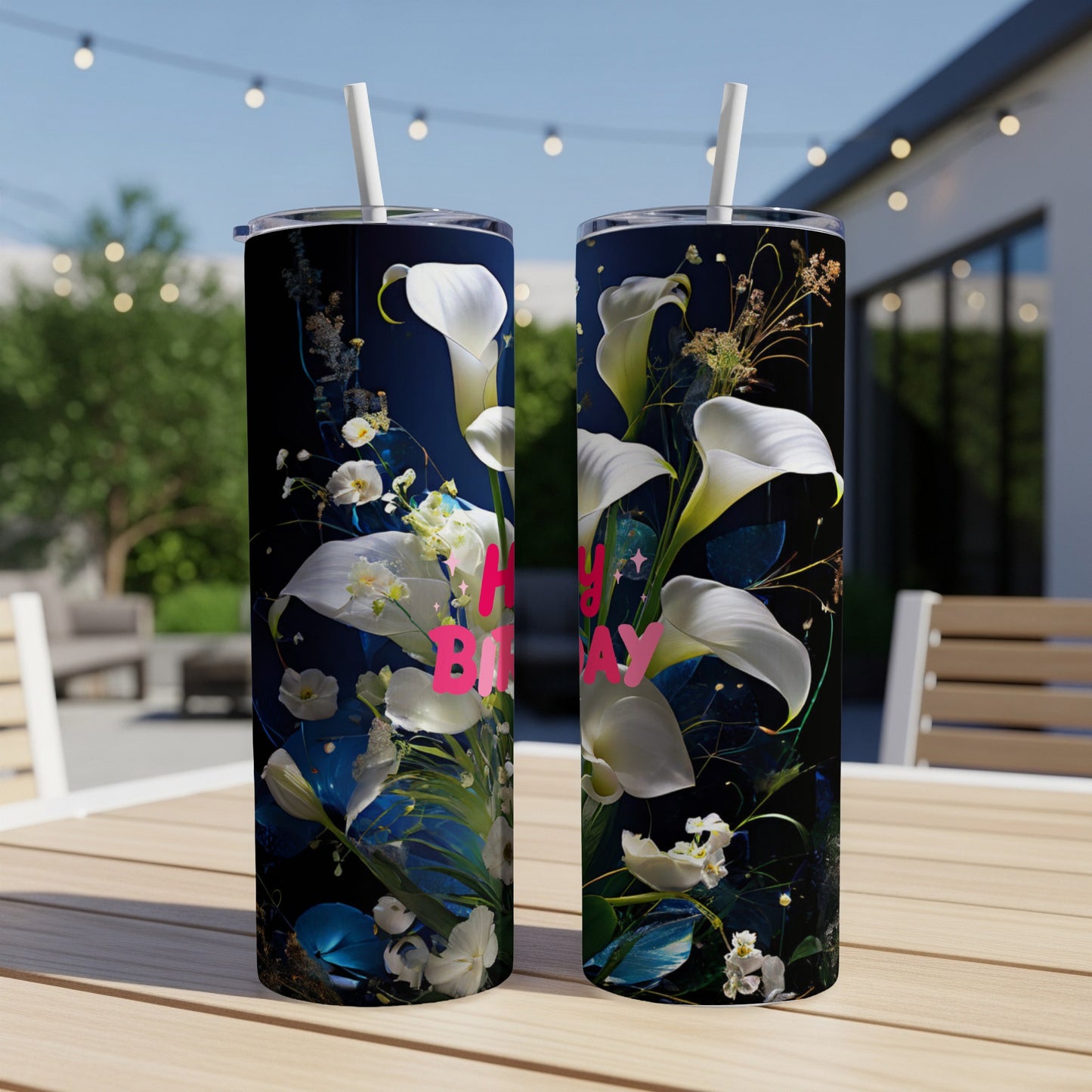 Two tumblers with white calla lilies and "HAPPY BIRTHDAY" text.