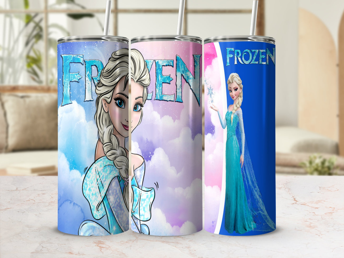 Three tumblers featuring Elsa from Frozen, two with cloud backgrounds and one with a snowflake.