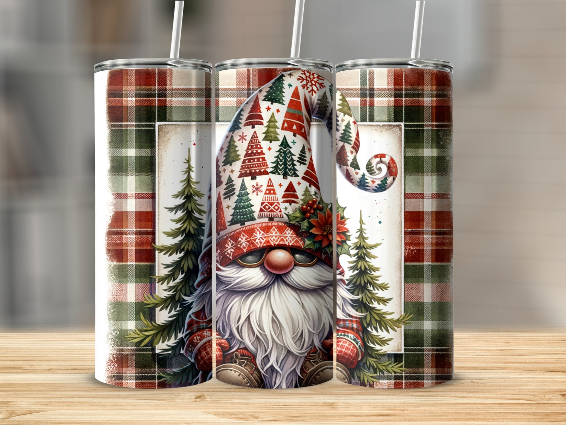 Christmas gnome with festive hat and beard, surrounded by trees on plaid background.