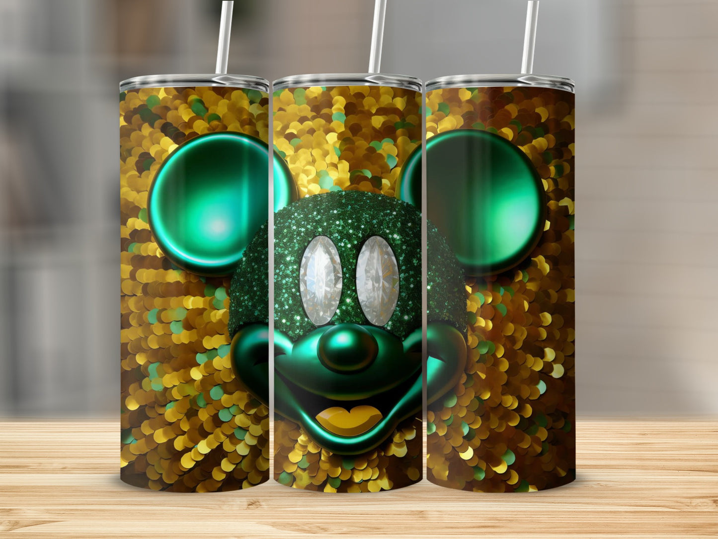 Glittery Green Eared Character with Gold Sequin Tumbler