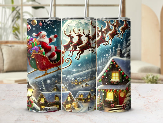 Festive Santa And Reindeer Christmas Scene Tumbler