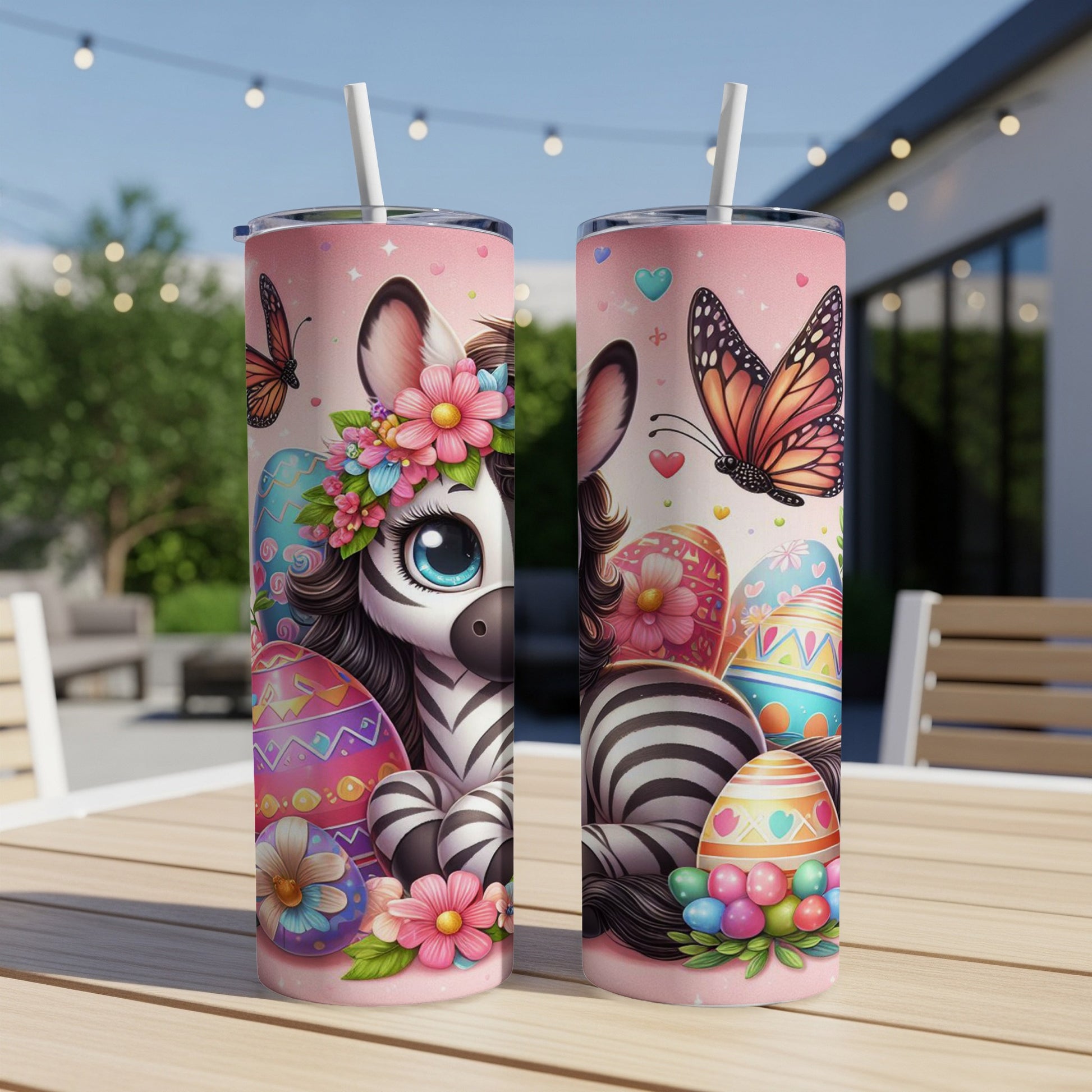 Two tumblers with a zebra and Easter eggs, pink background.