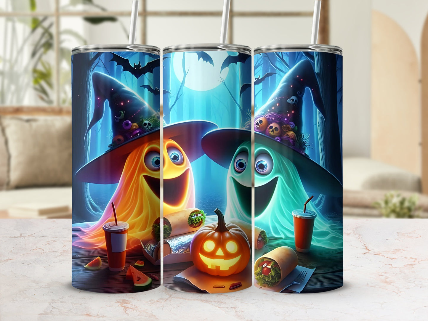 Two Halloween ghosts with witch hats hold drinks, with a pumpkin and burritos.
