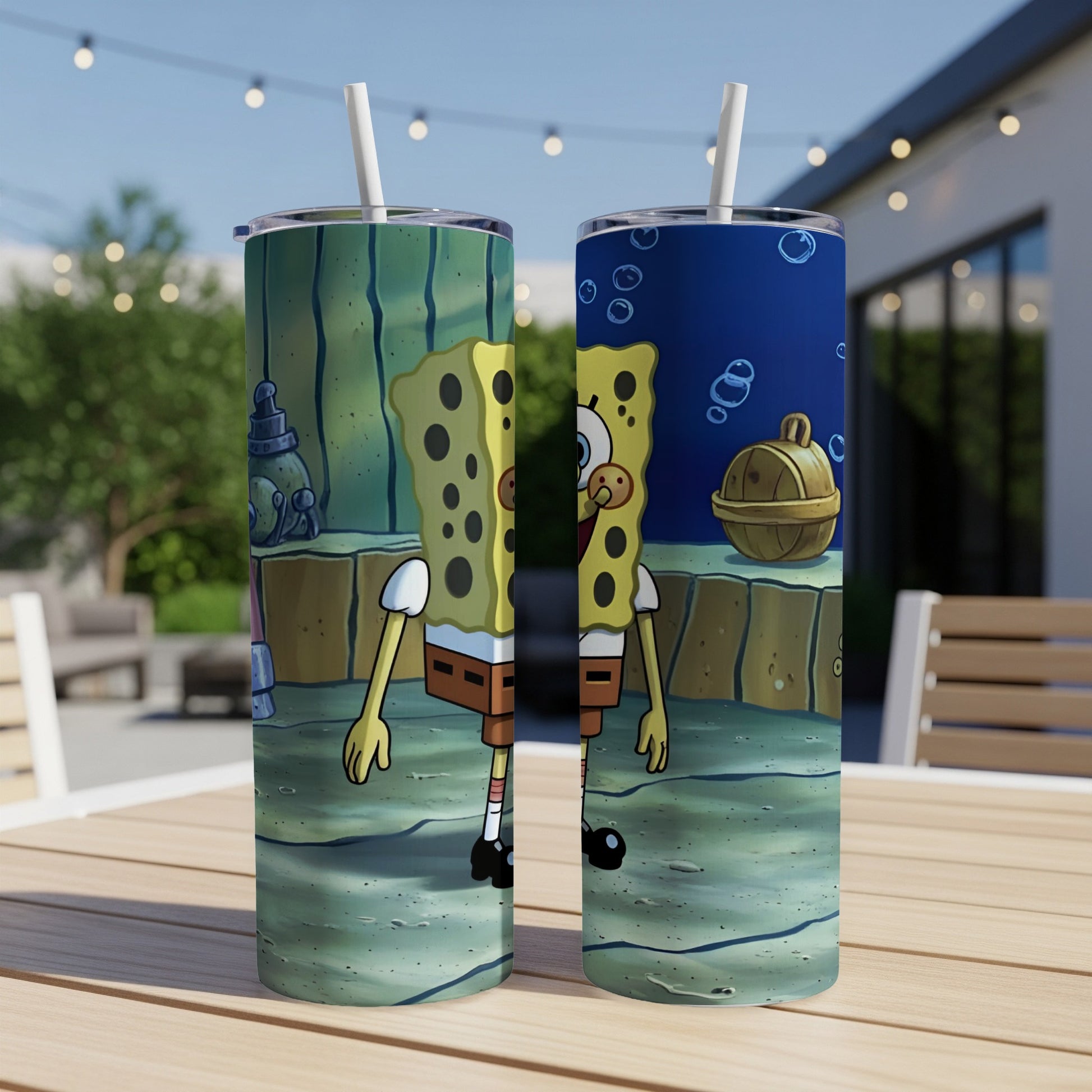 SpongeBob SquarePants on a tumbler with a sandy background.