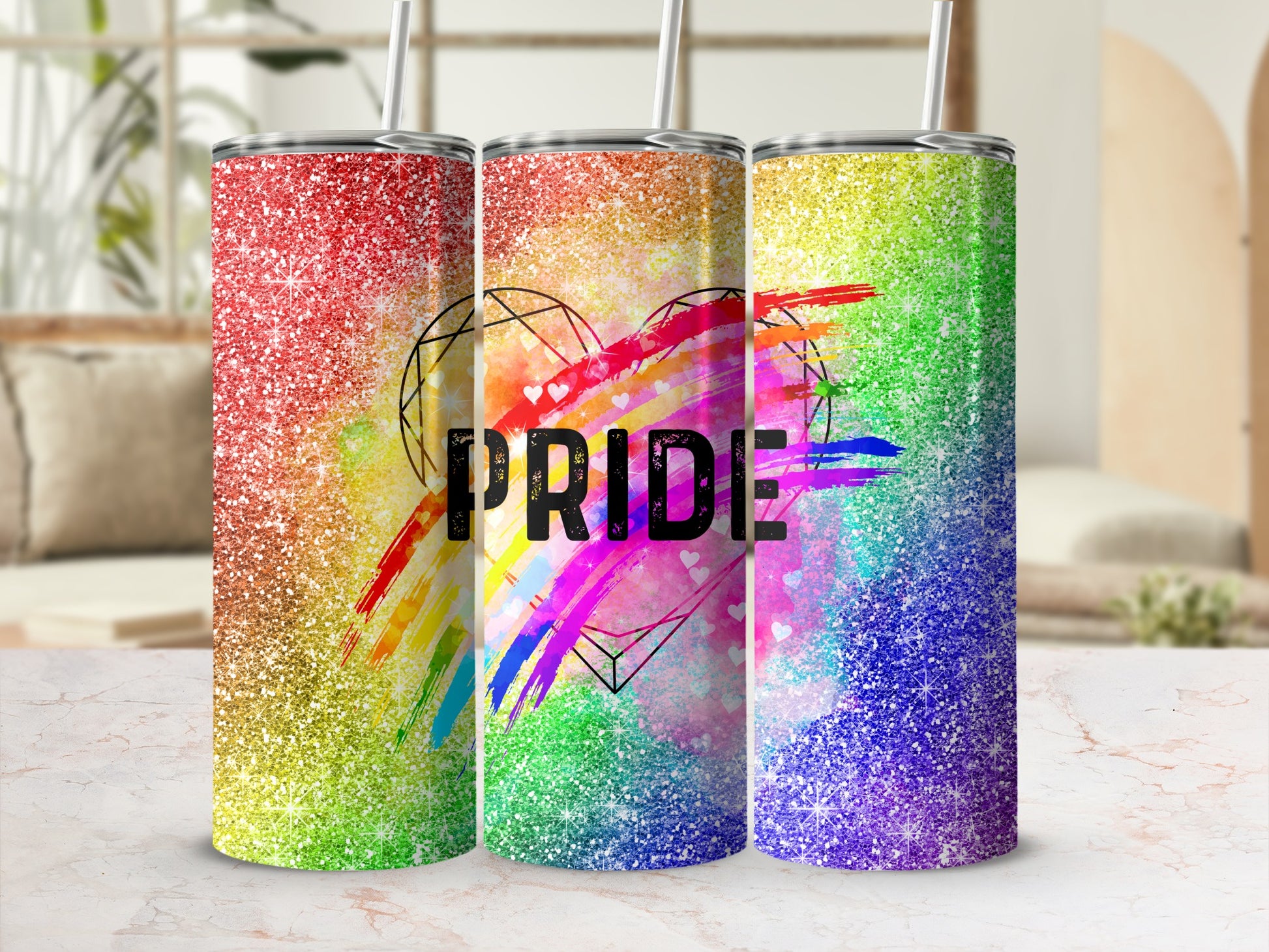 Glittery rainbow gradient tumbler with heart and Pride text.