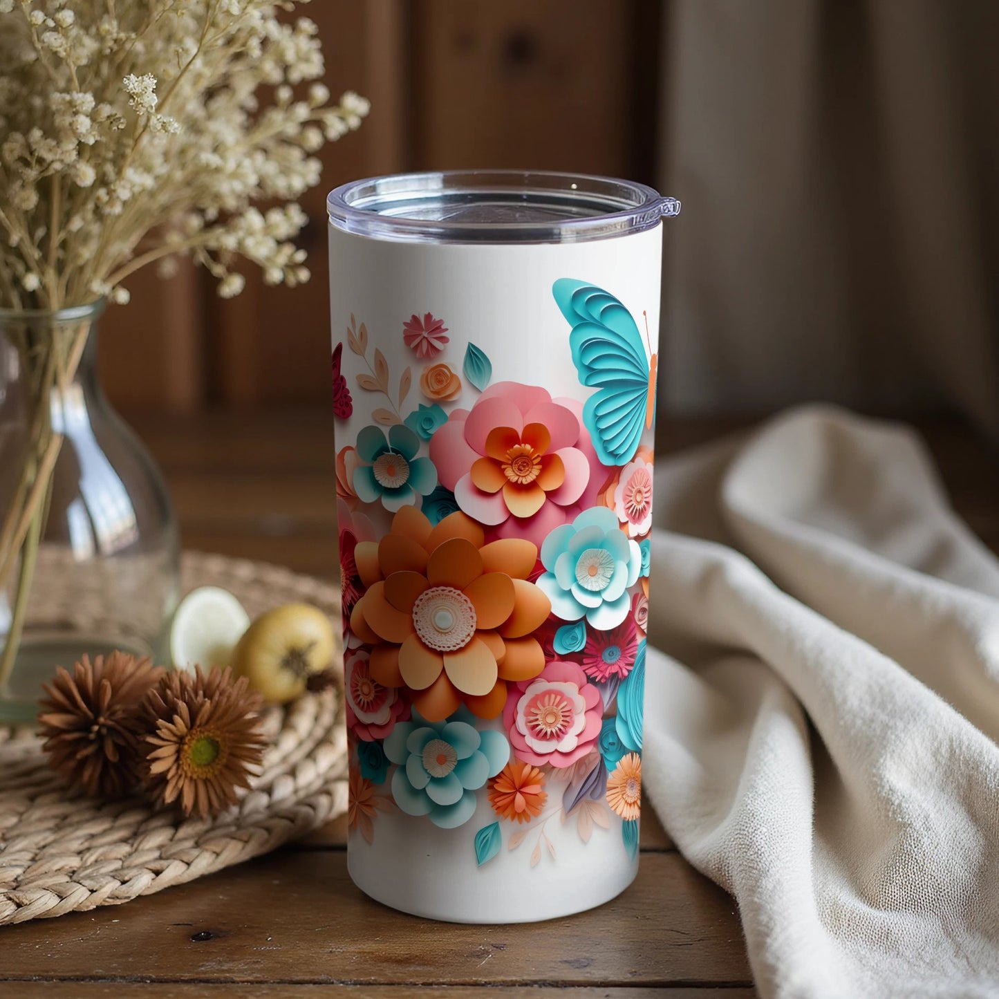 Vibrant Floral and Butterfly Design Insulated Tumbler