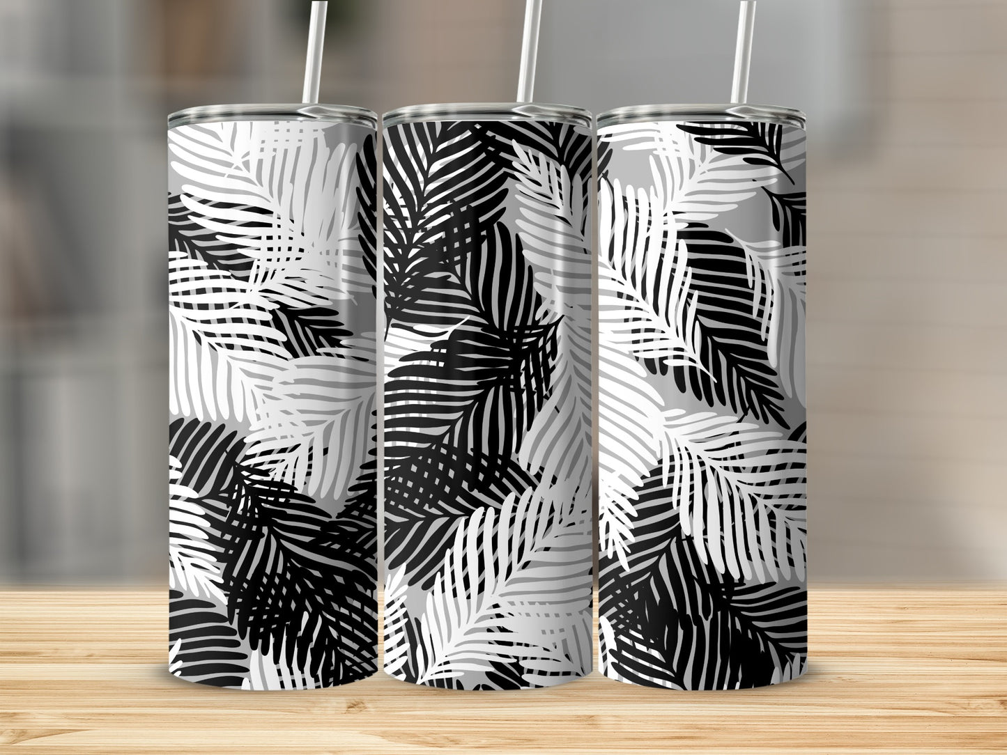Monochrome Tropical Leaf Print Insulated Tumbler