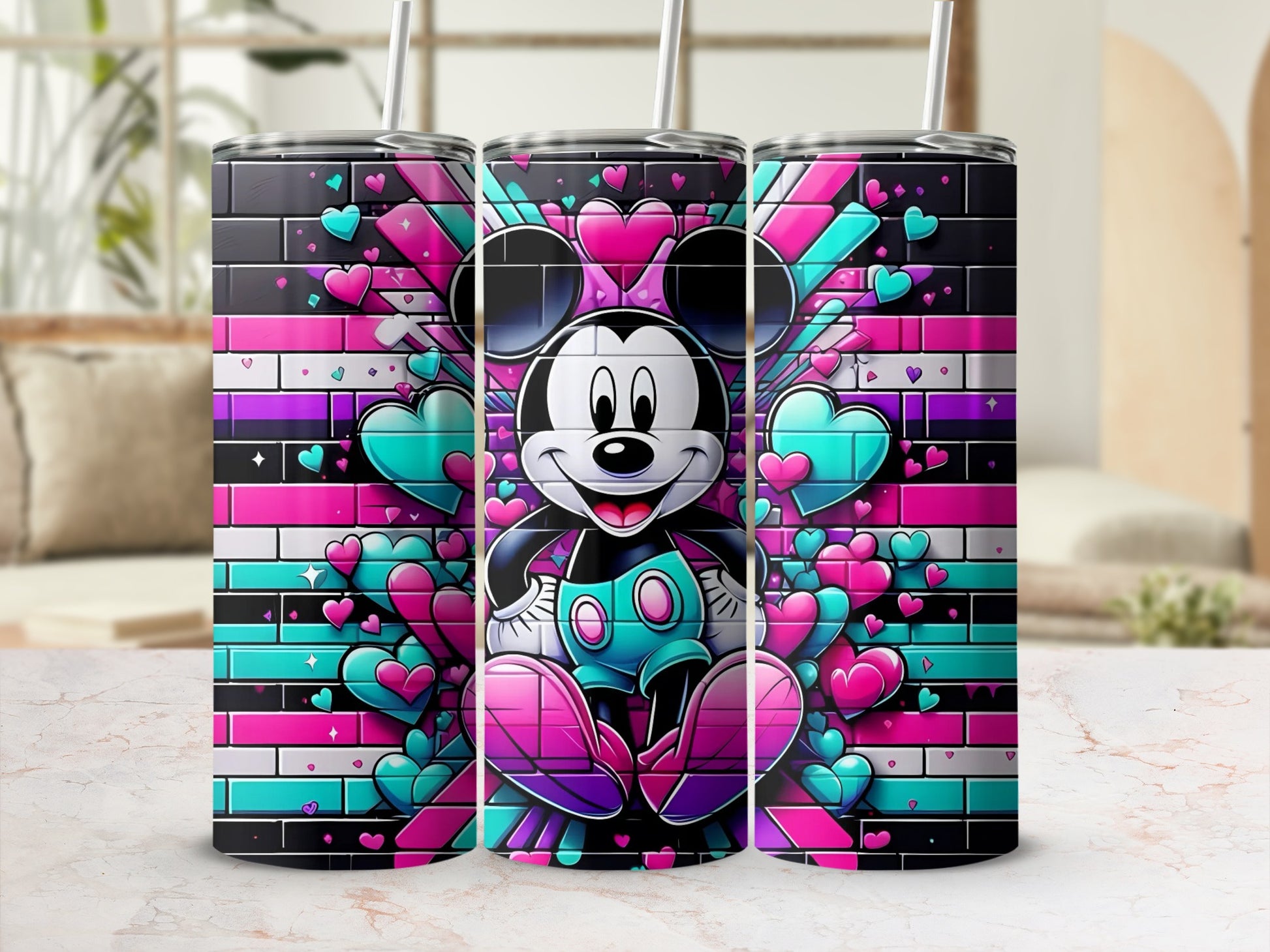 Colorful Cartoon Hearts Pattern Tumbler with Straw
