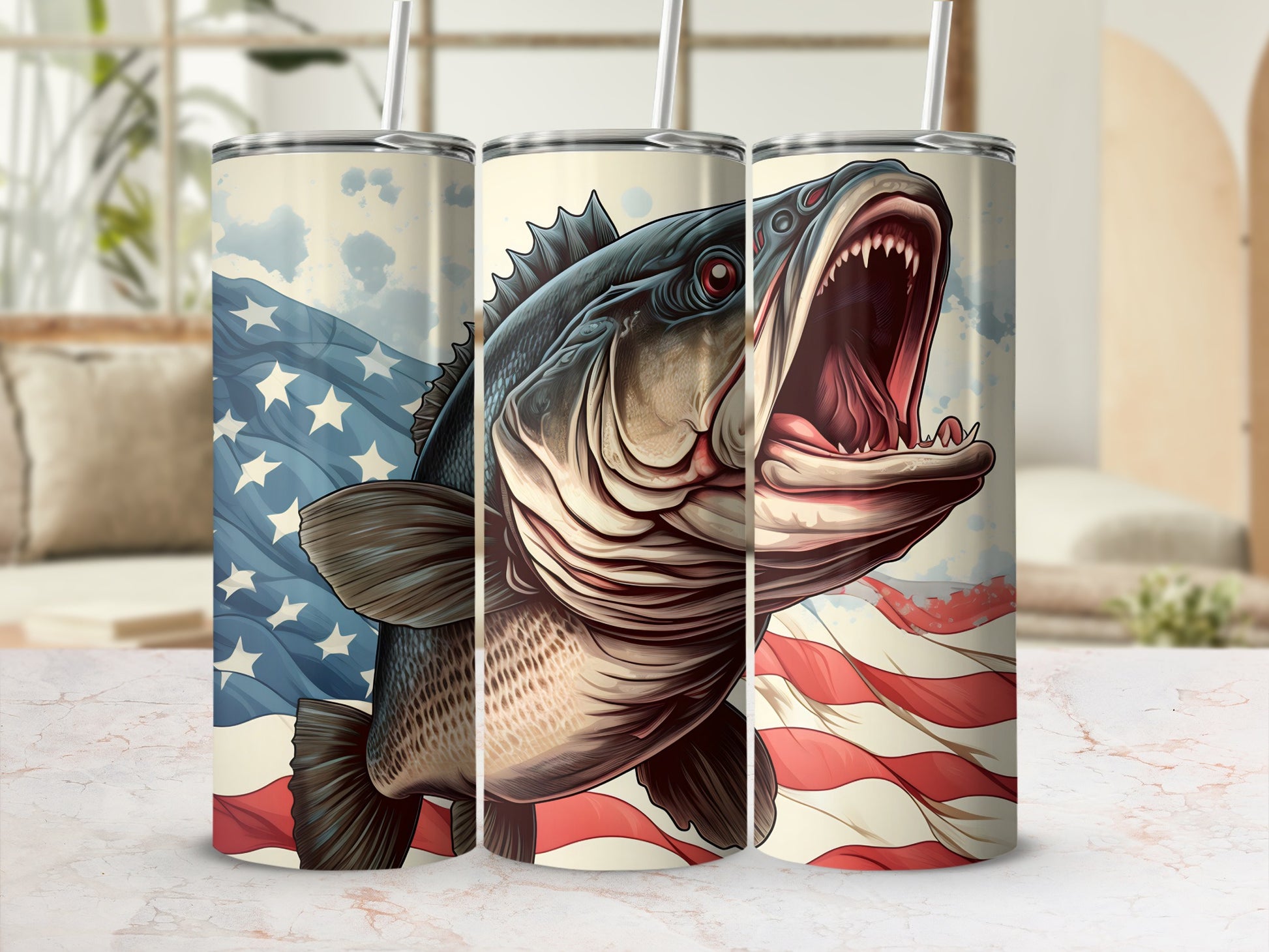 Bass fish with open mouth and American flag on a tumbler.