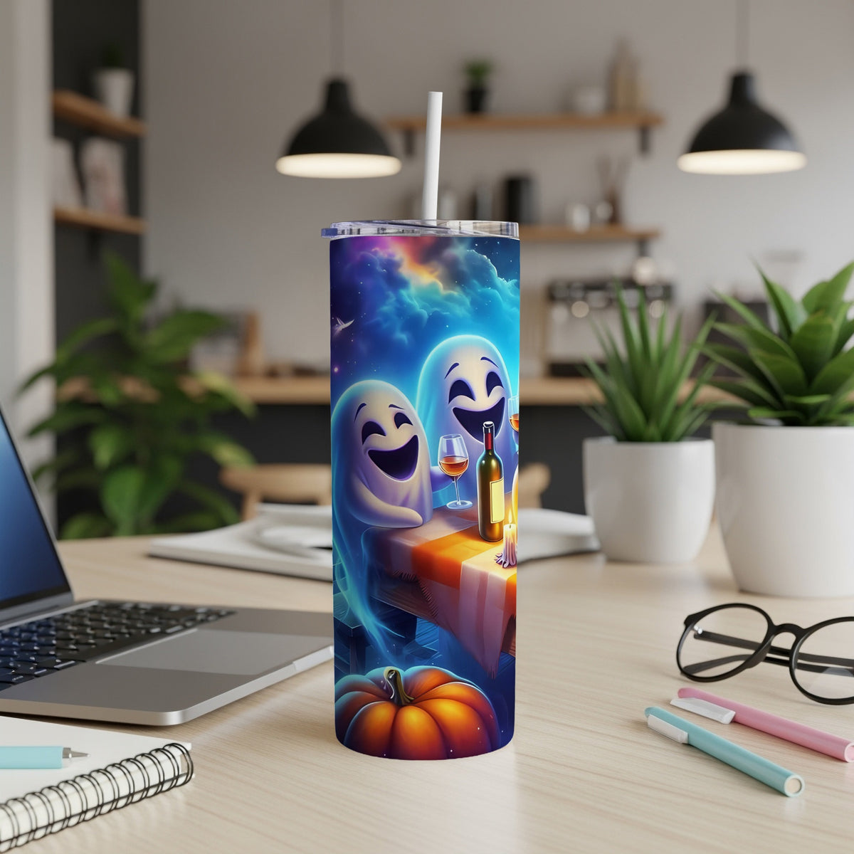 Tumbler with cheerful ghosts, wine, pumpkin, and starry sky design.