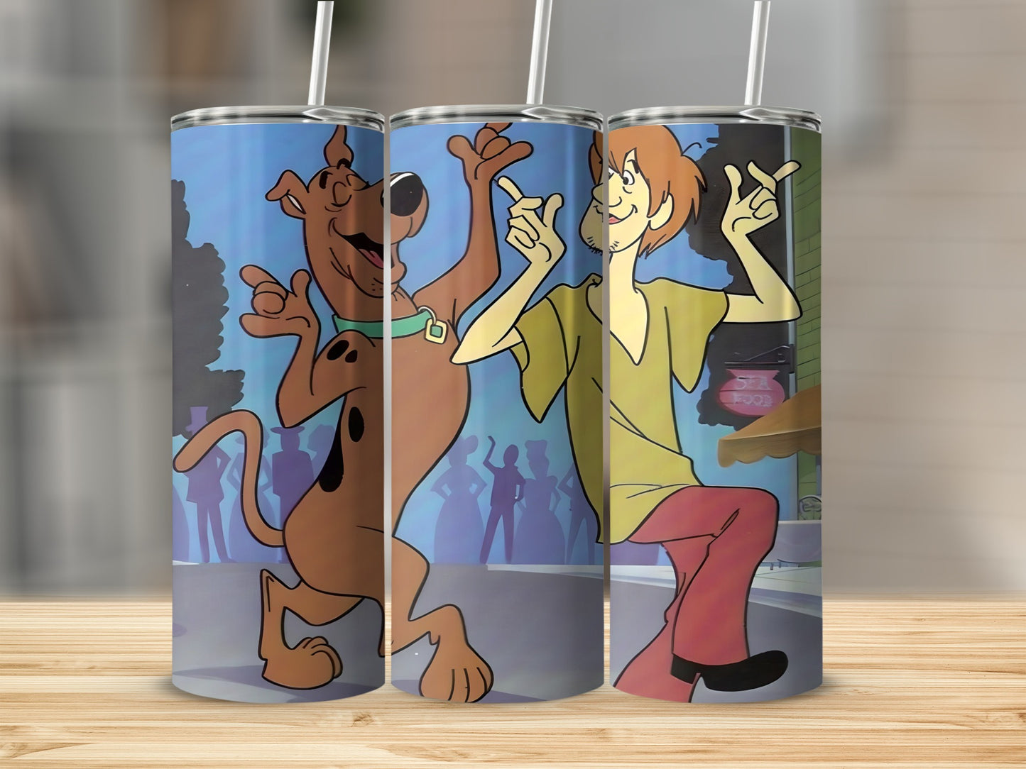 Scooby-Doo and Shaggy dancing in front of a street scene.