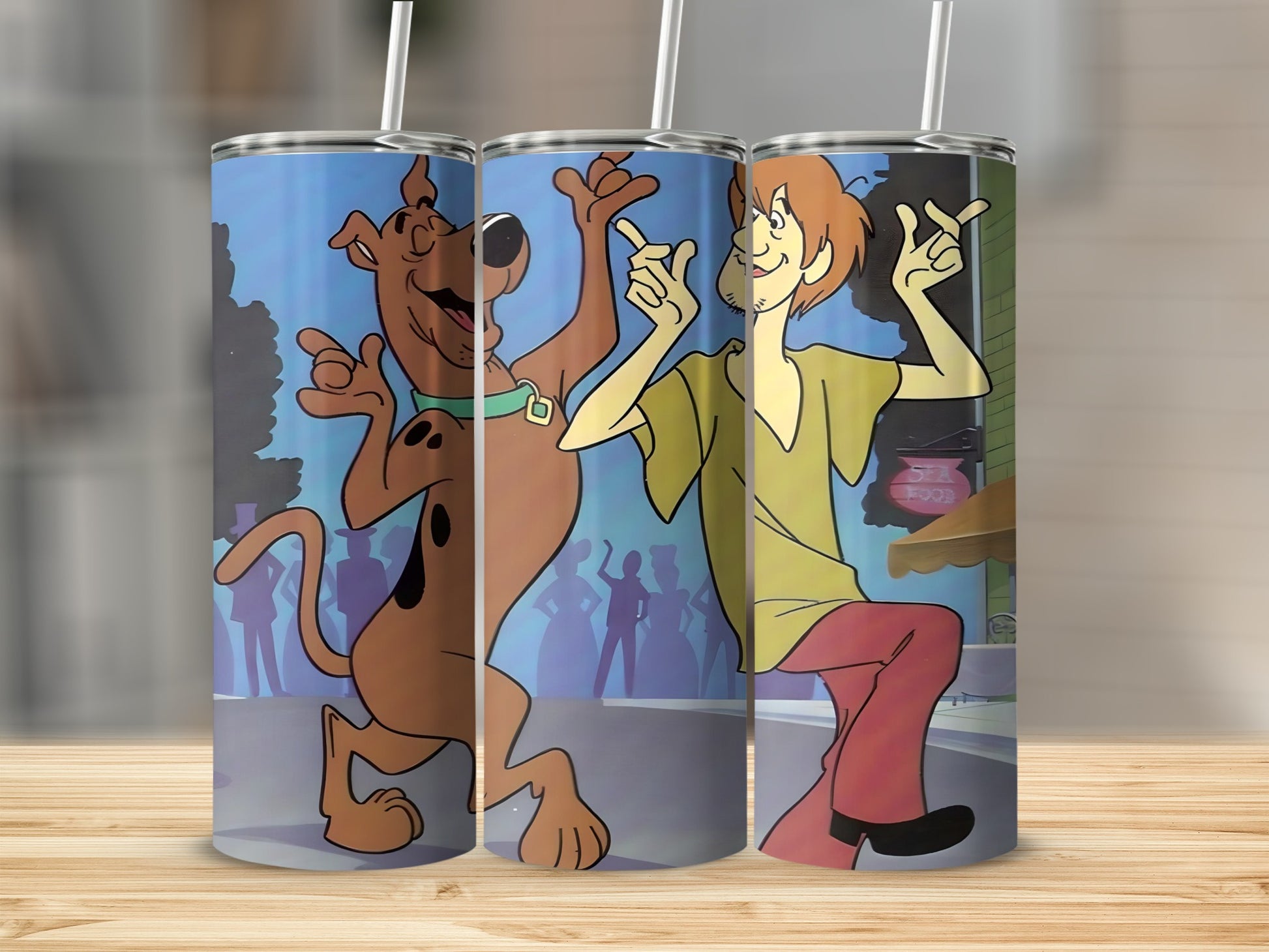 Scooby-Doo and Shaggy dancing in front of a street scene.