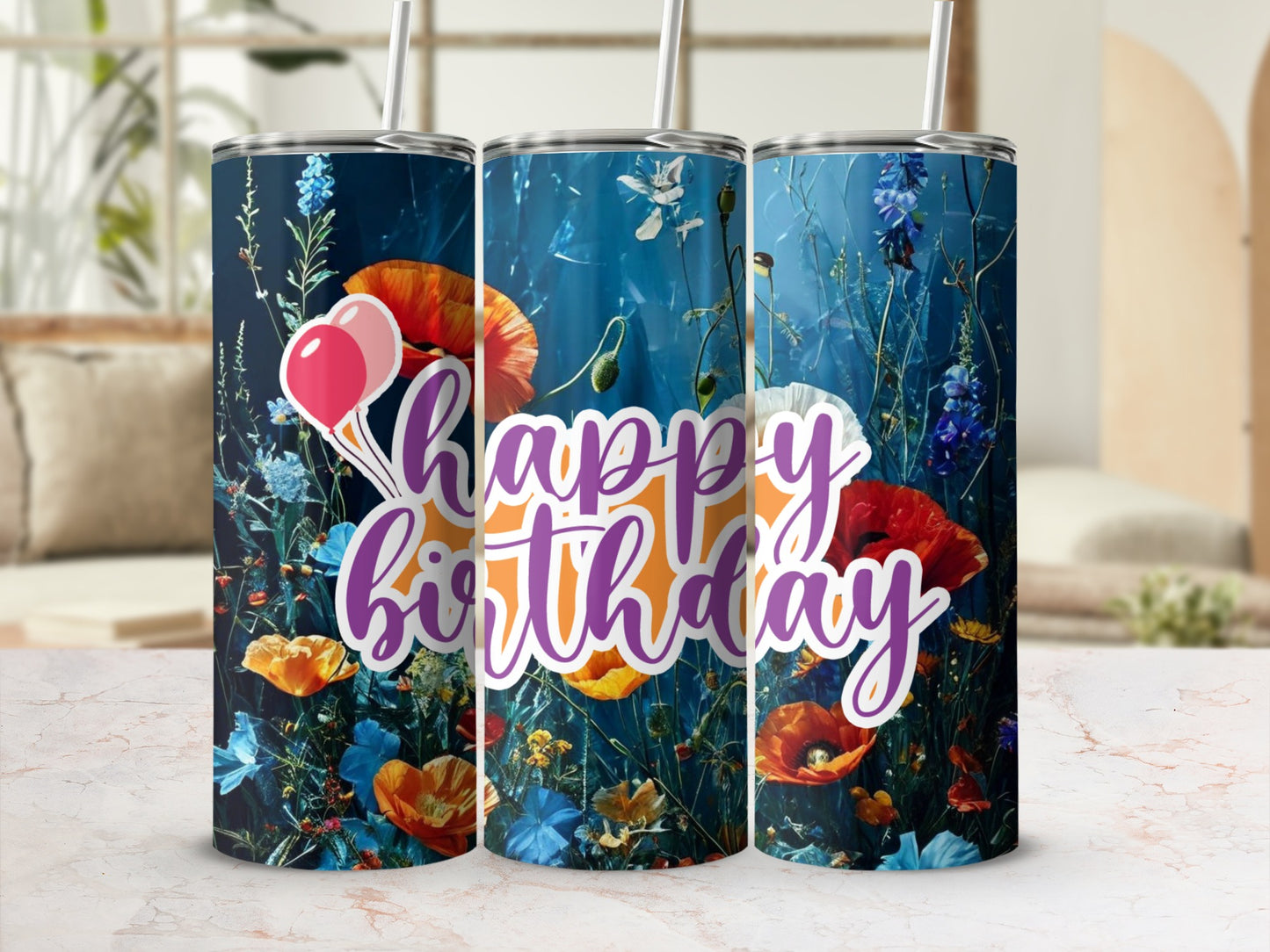 Birthday tumbler with colorful floral design and "happy birthday" text.